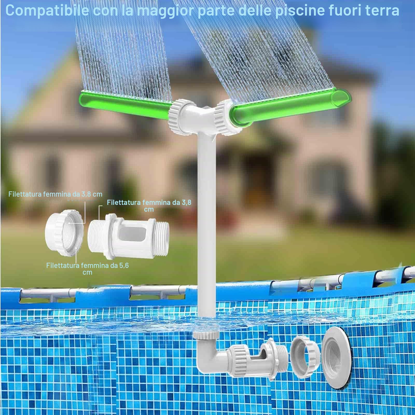 Fontana Doppio Spruzzo e Cascata per Piscine All'Interno ed Esterne, 2 in 1 con Regolazione Fluorescente Verde a Spruzzo, Sistema di Rinfrescimento più Fresco ed Efficiente
