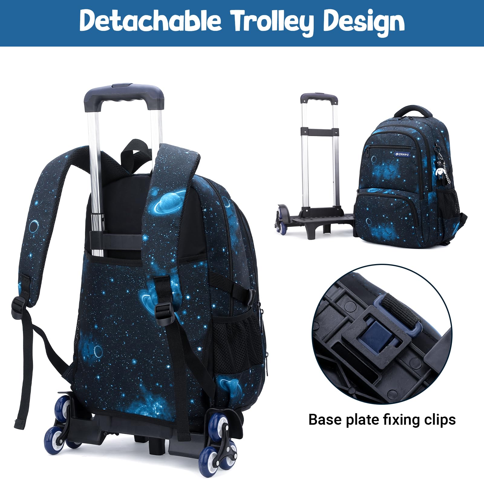Amythe Mochilas Escolares para Niños Adolescentes 3 Pcs Mochila con Ruedas Grande, Carro para Mochilas 6 Ruedas para Viajes y Escuela, Sets de Mochila Trolley, 32x19x48cm, Azul