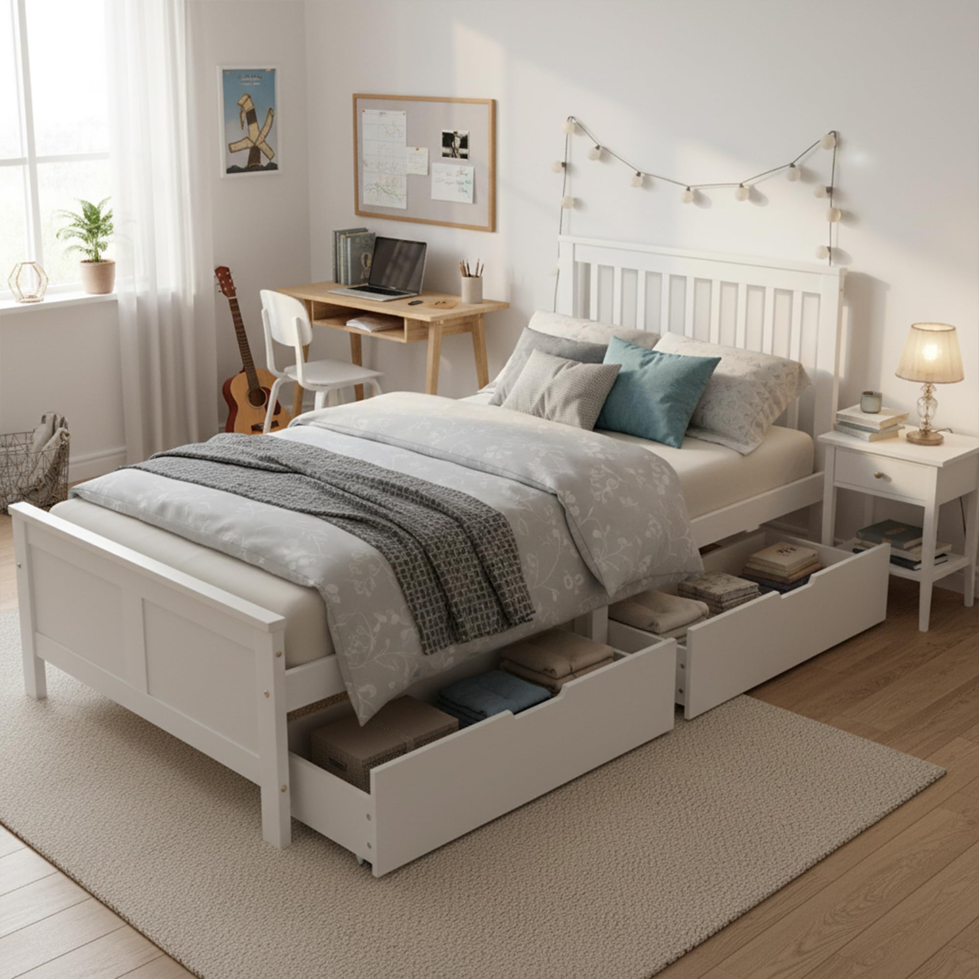 ModernLuxe Bett 90 x 200cm mit Schubladen, Einzelbett/Doppelbett mit Lattenrost und Kopfteil Bettgestell Holzbett Jugendbett Massivholz Bett (90 x200 cm)