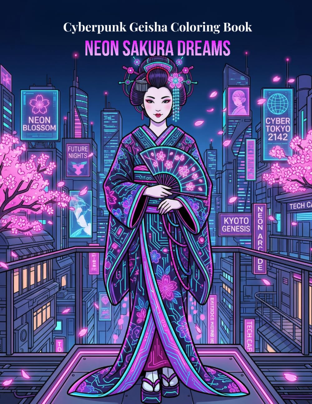 Cyberpunk Geisha Coloring Book: Neon Sakura Dreams in a Futuristic Tokyo Night | 40 Unique Designs for Adults