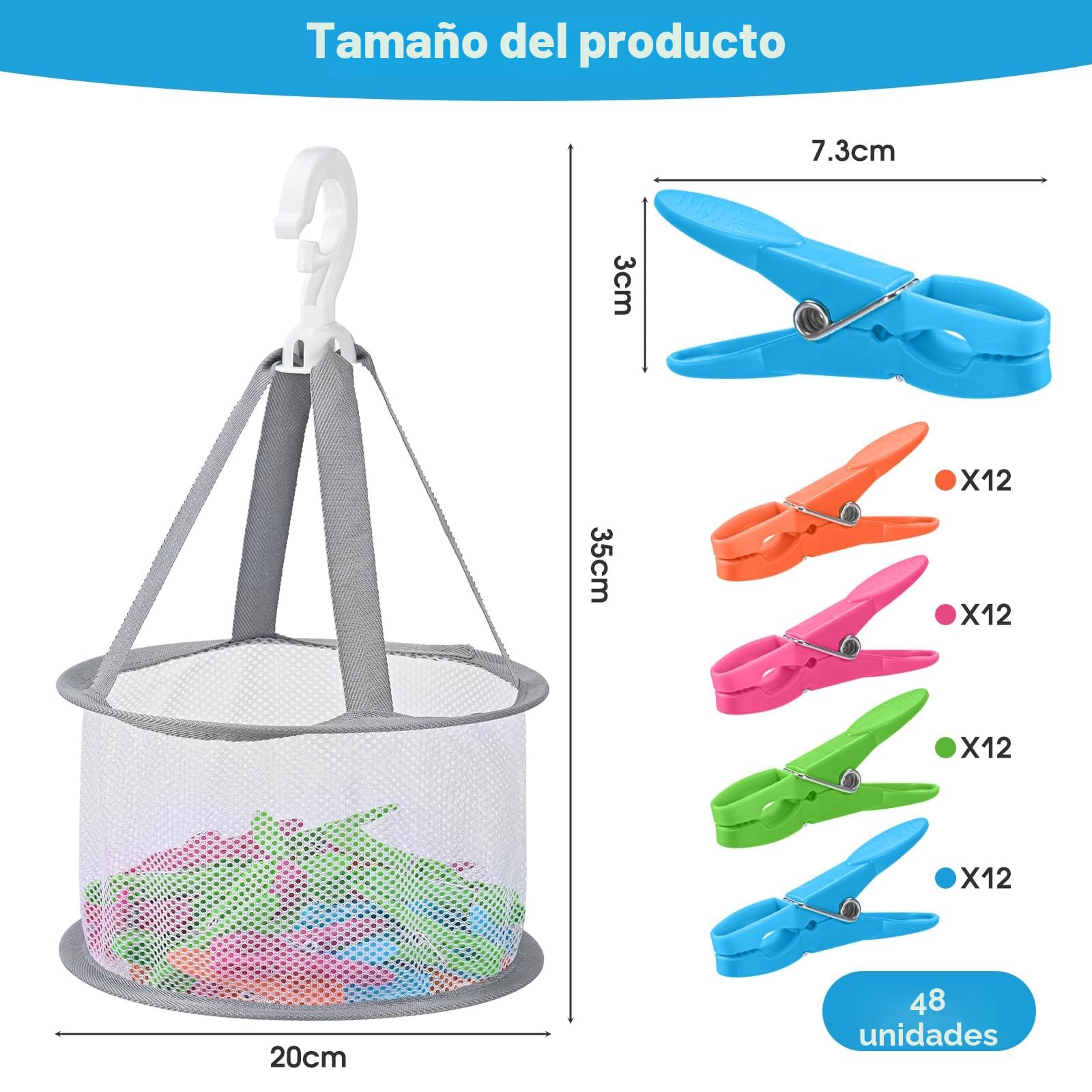 48 Pinzas de la Ropa de plástico Multicolor con para la, Cesta y Bolsa para Pinzas de la Ropa, Antideslizantes y Resistentes al Viento, sin impresión, Pinzas para Toallas, adecuadas
