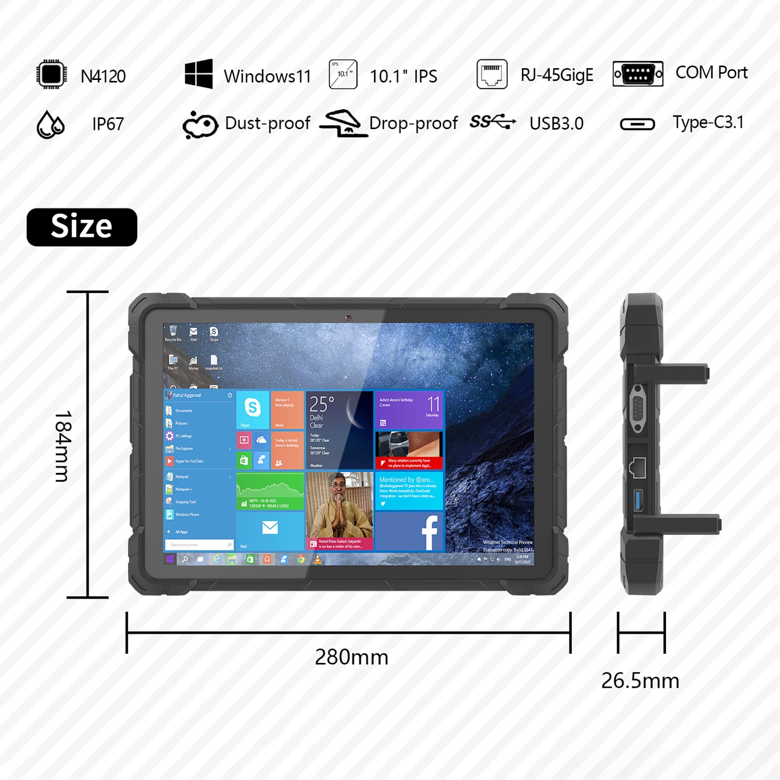 RF7G Rugged Tablet PC 10.1" Win 11 Pro 8+128G, Intel N4120, Windows Tablet 16000mAh/3.8V Batteria, 800x1280 Pixel, IP67 Impermeabile, WiFi 5, BT 4.2 PC da Lavoro Esterno Industriale, Nero