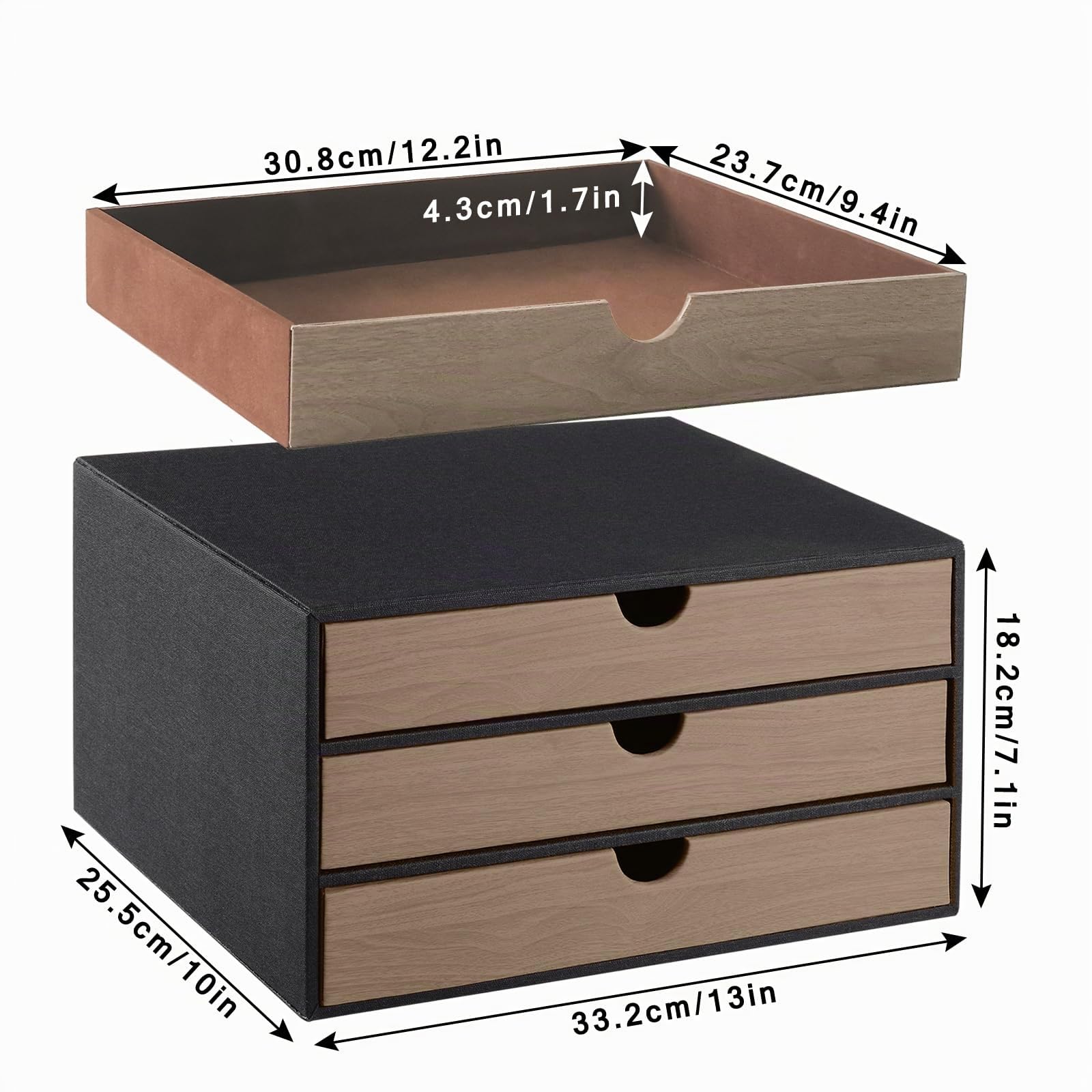 Caja de cajones de escritorio con 3 compartimentos cerrados A4 de piel sintética, organizador de joyas, organizador de cosméticos, apertura en forma de U, costuras cosidas a mano,Negro