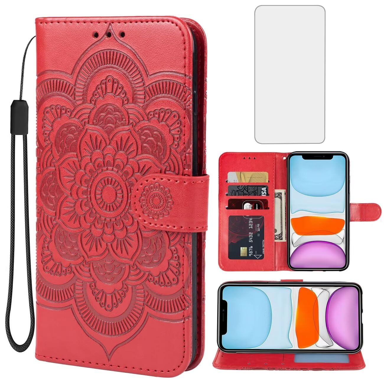 Coque à rabat iPhone 11 en cuir PU rouge avec gravure mandala chic - 8