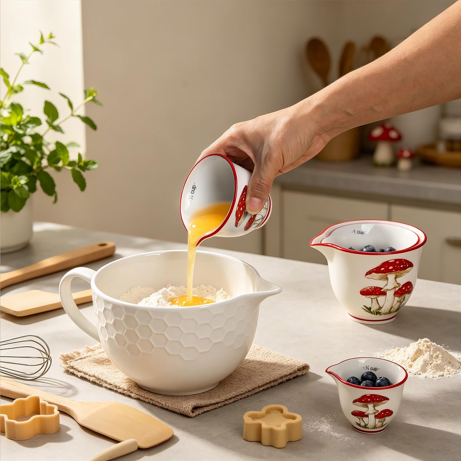 Sizikato Set di 4 misurini in ceramica a forma di fungo, per cucinare e cuocere al forno