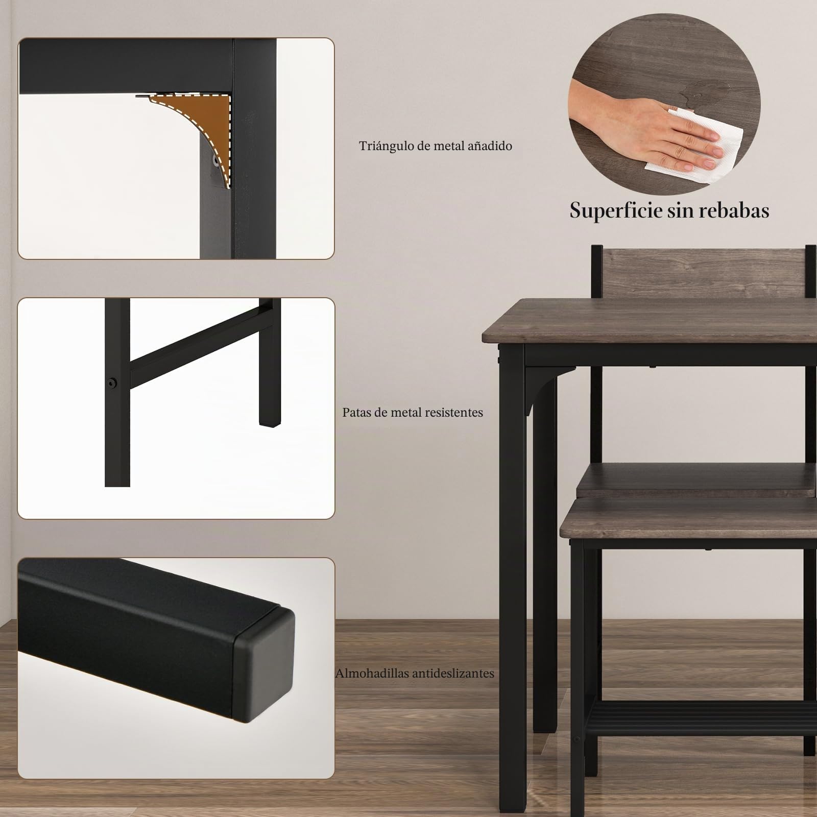 HOMASIS Juego de Mesa de Comedor 4 Piezas, con 2 sillas y 1 Banco, Juego de Comedor Industrial con Estructura de Metal y Estante de Almacenamiento, Juego de Mesa de Bar para Cocina, Comedor (Gris)