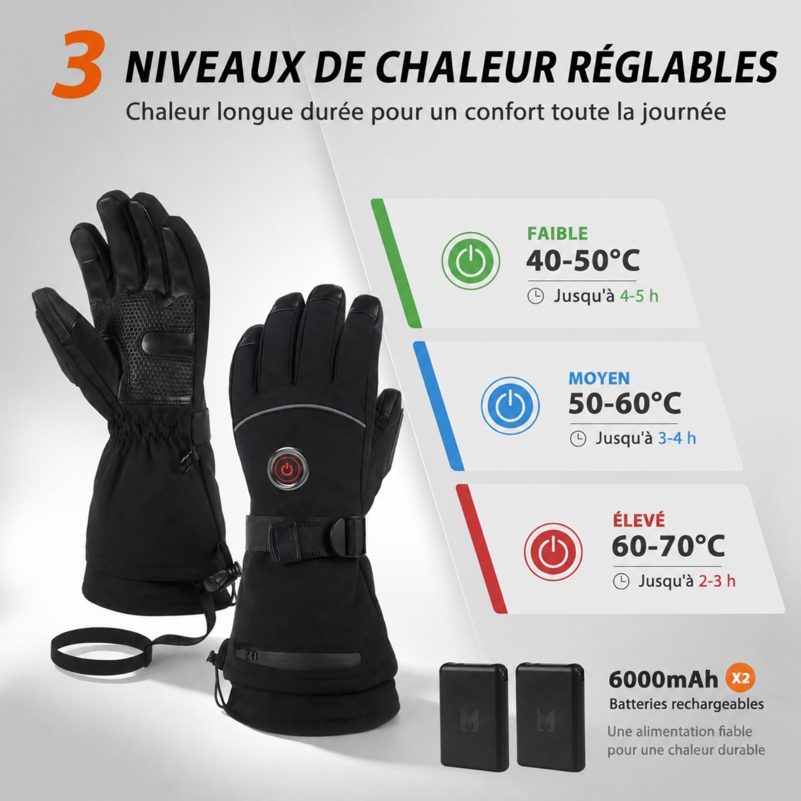 MRAWARM Gants chauffants pour homme et femme avec batterie de 6000 mAh