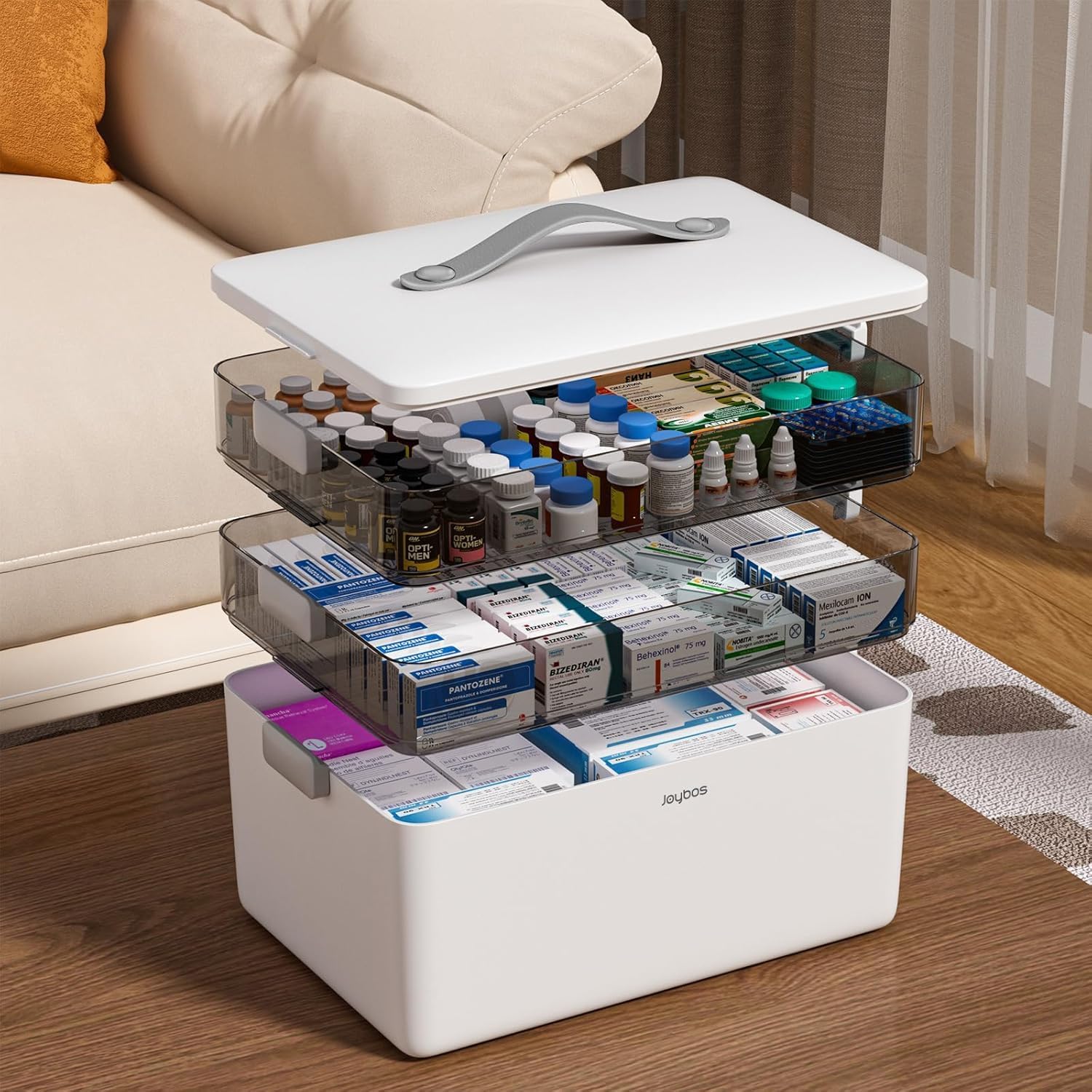 JOYBOS 3-Tier Medicine Storage Box Cabinet, Empty First Aid Kit Portable Medical Supply Organizer with Leather Handle for Home 3-Tier Medicine Storage Box