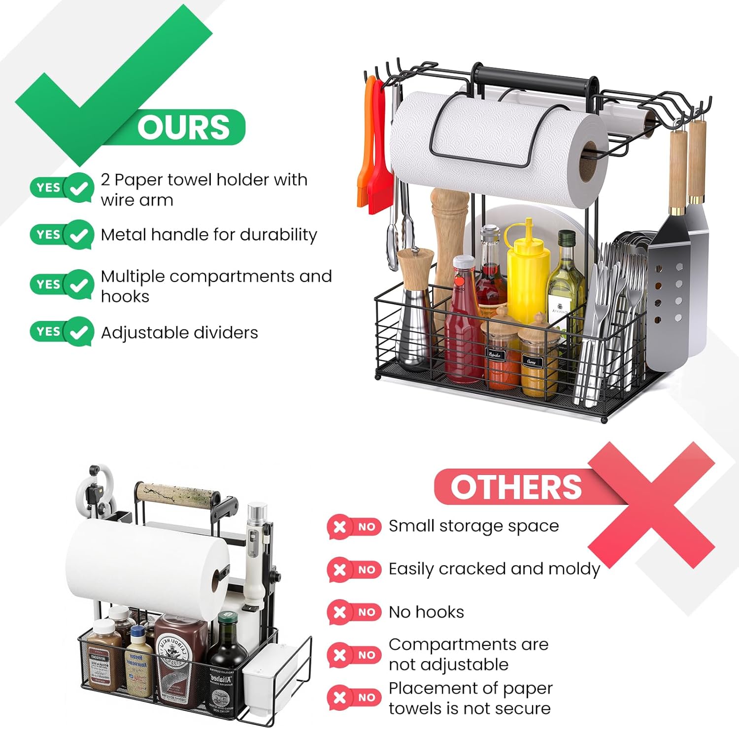 Grill Caddy for Outdoor Grill with 2 Paper Towel Holders,Barbecue Tool Sets Storage Organizer,BBQ Caddy for Outdoor Grill with 9 Compartments & 8 Hooks,Picnic Caddy Grilling Gifts for Men (13.4 Inch)