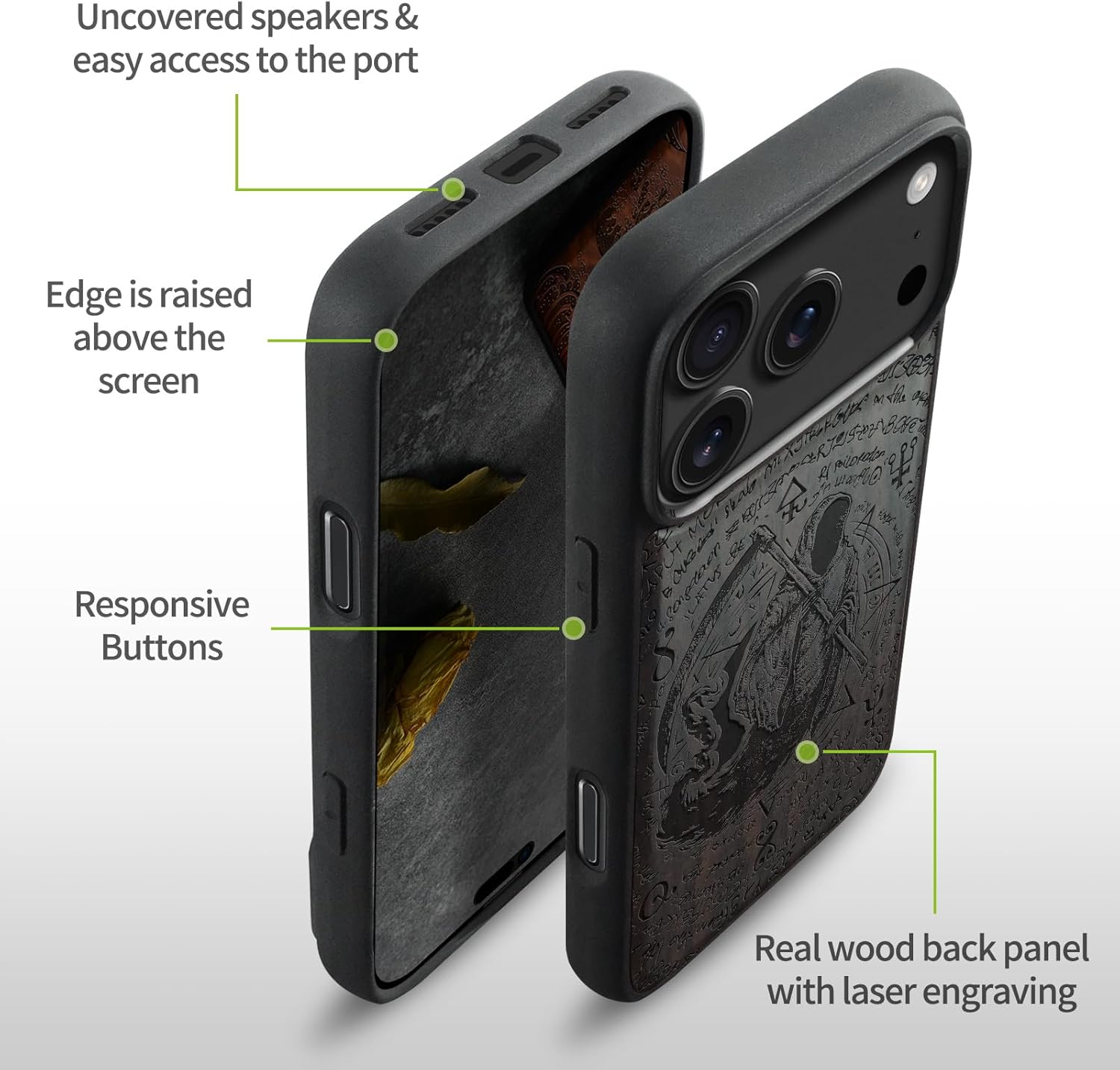 Carveit Magnetic Wooden Case for iPhone 17 Pro Case, Wood Artisan Engraved & Black Soft TPU Shockproof Cover, Compatible with MagSafe Wireless Chargers (The Grim Reaper of Carved) Blackwood