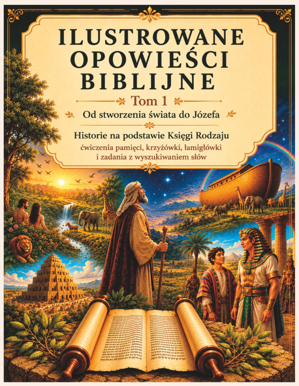 Ilustrowane opowieści biblijne – Tom 1 Od stworzenia świata do Józefa: Historie na podstawie Księgi Rodzaju – ćwiczenia pamięci, krzyżówki, łamigłówki i zadania z wyszukiwaniem słów