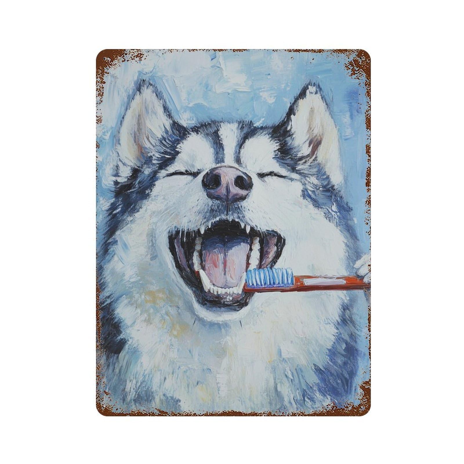 Husky Dog Brushing Teeth Painting-1 Vintage Rust Metal Sign 15.7"x11.8", Classic Wall Plaque for Garage, Pub Or Kitchen