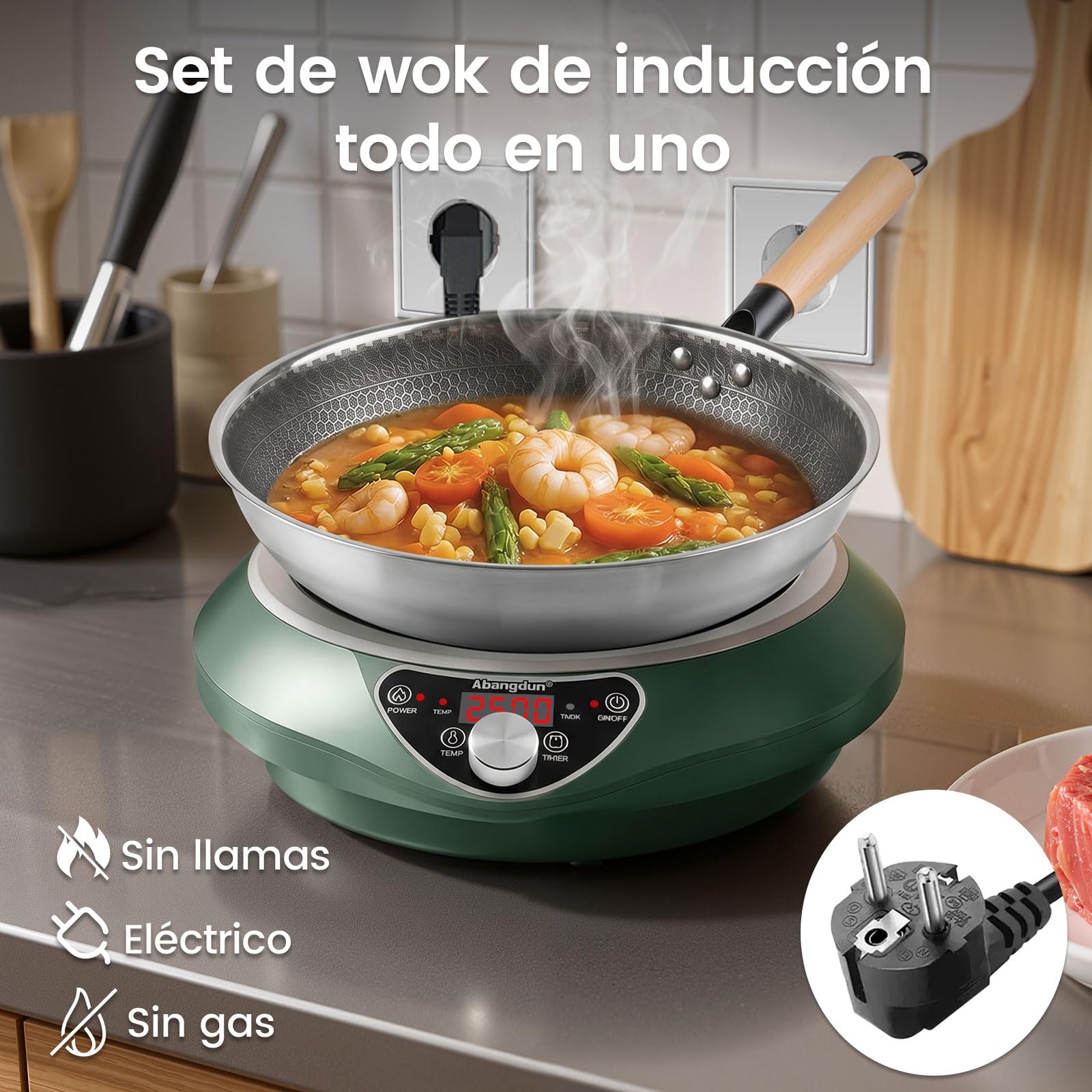 laca de Inducción Abangdun con Wok, Quemador de Inducción de 2500W con 16 Niveles de Potencia, 200W-2500W, Rango de Temperatura 80-240°C, Pantalla LED, Temporizador de 18 Horas, 220-240V
