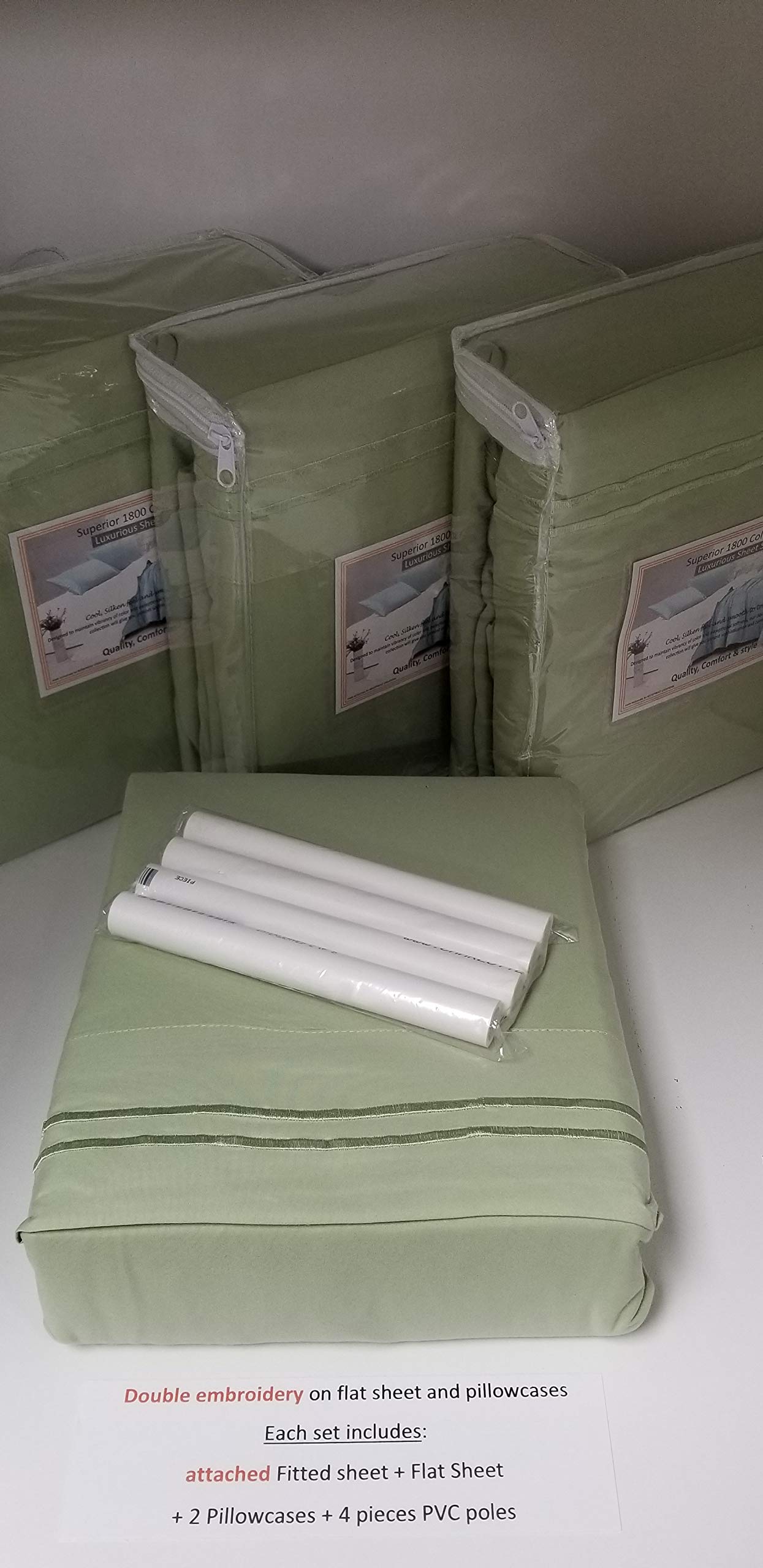 Linen Superstore Ultra Soft 4PC Waterbed Sheet Set Free Stay Tuck Poles - Solid Color with Embroidery (King, Sage)