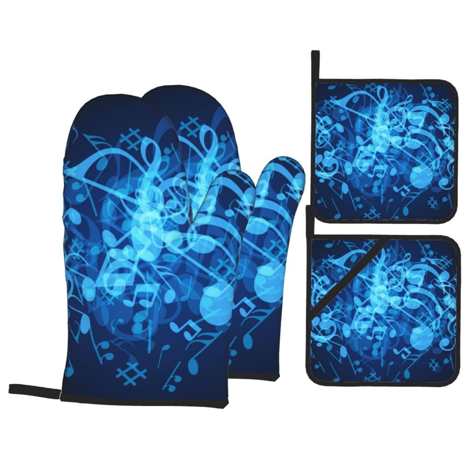 Blue Musical Notes Print Stylish Heat-Resistant Oven 4-Piece Set Kitchen Gloves Roasting Daily Cooking