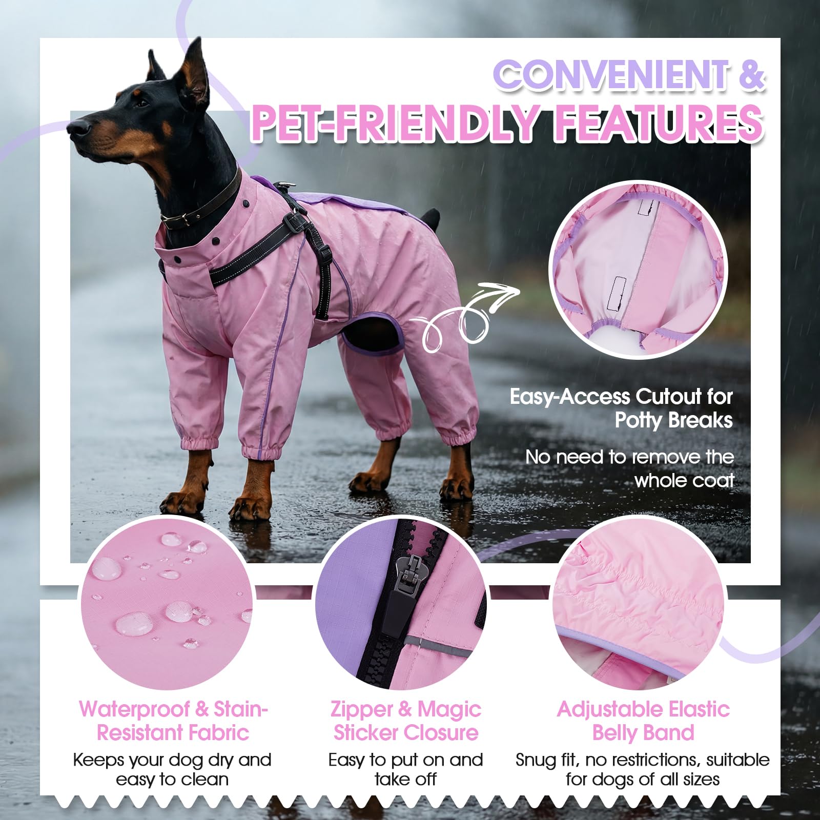 Lelepet Chaqueta impermeable para perros, impermeable para perros grandes, abrigo reflectante resistente al viento con arnés integrado, chaqueta impermeable ligera para mascotas, chaleco de seguridad