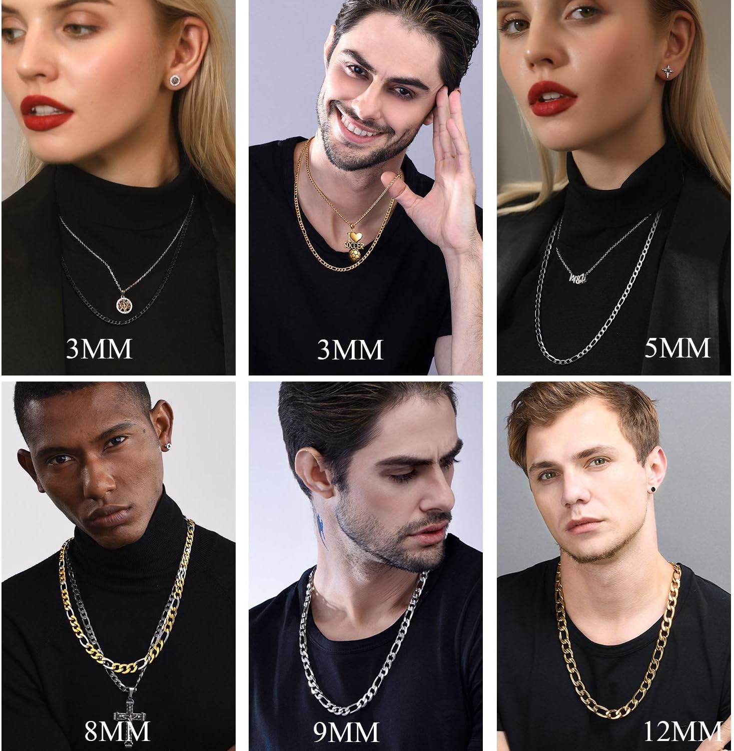U7 Twisted Rope Chain, Figaro Chain, Men Stainless Steel Necklace and Bracelet Set, 3mm 5mm 6mm 9mm Black Gold Silver Chains Necklaces for Men Women 16"-30"