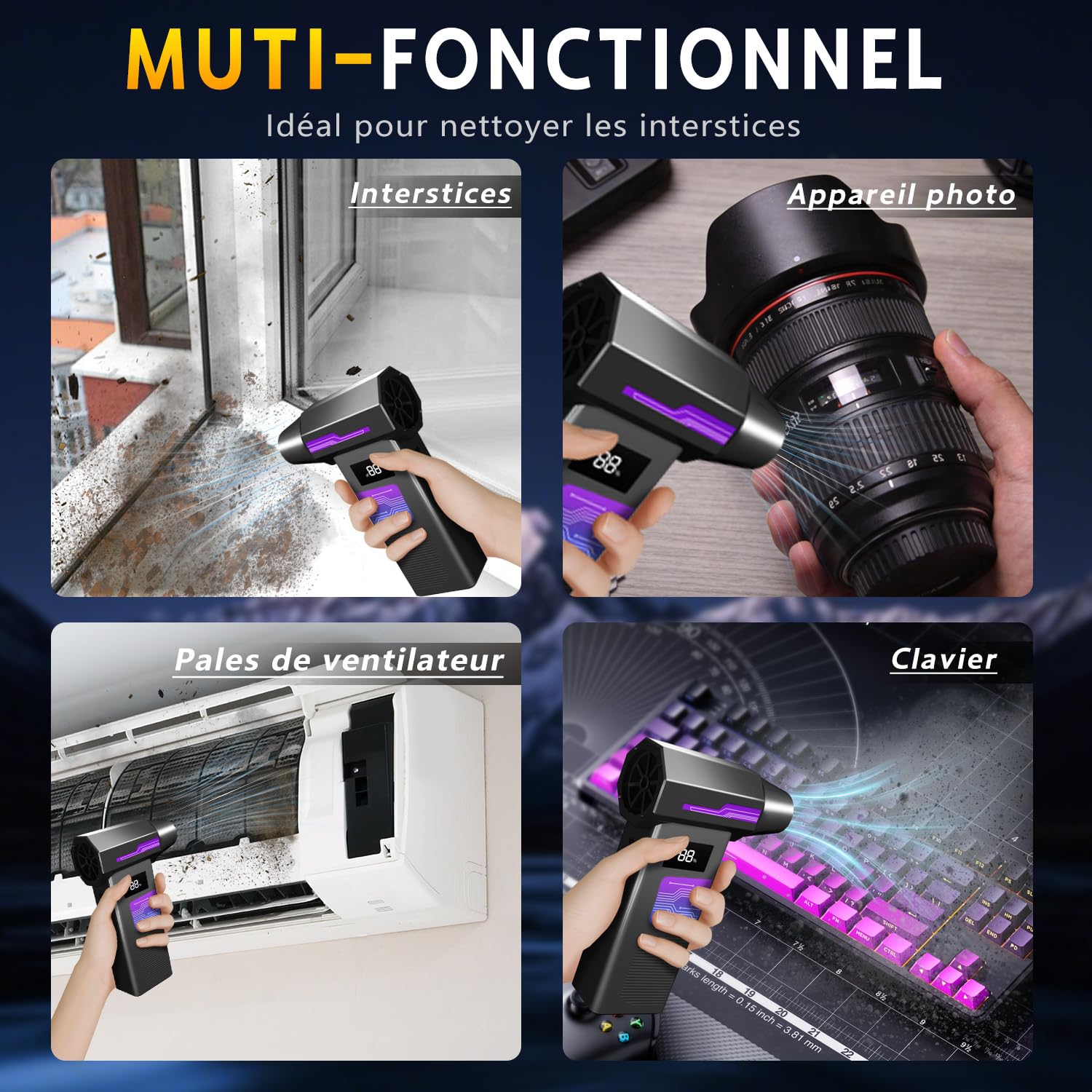 Souffleur Air Comprimé – Souffleur PC 120 000 TR/Min, 4 Vitesses Réglables, sans Fil – Dépoussiéreur Haute Puissance pour PC, Clavier, Voiture, Maison