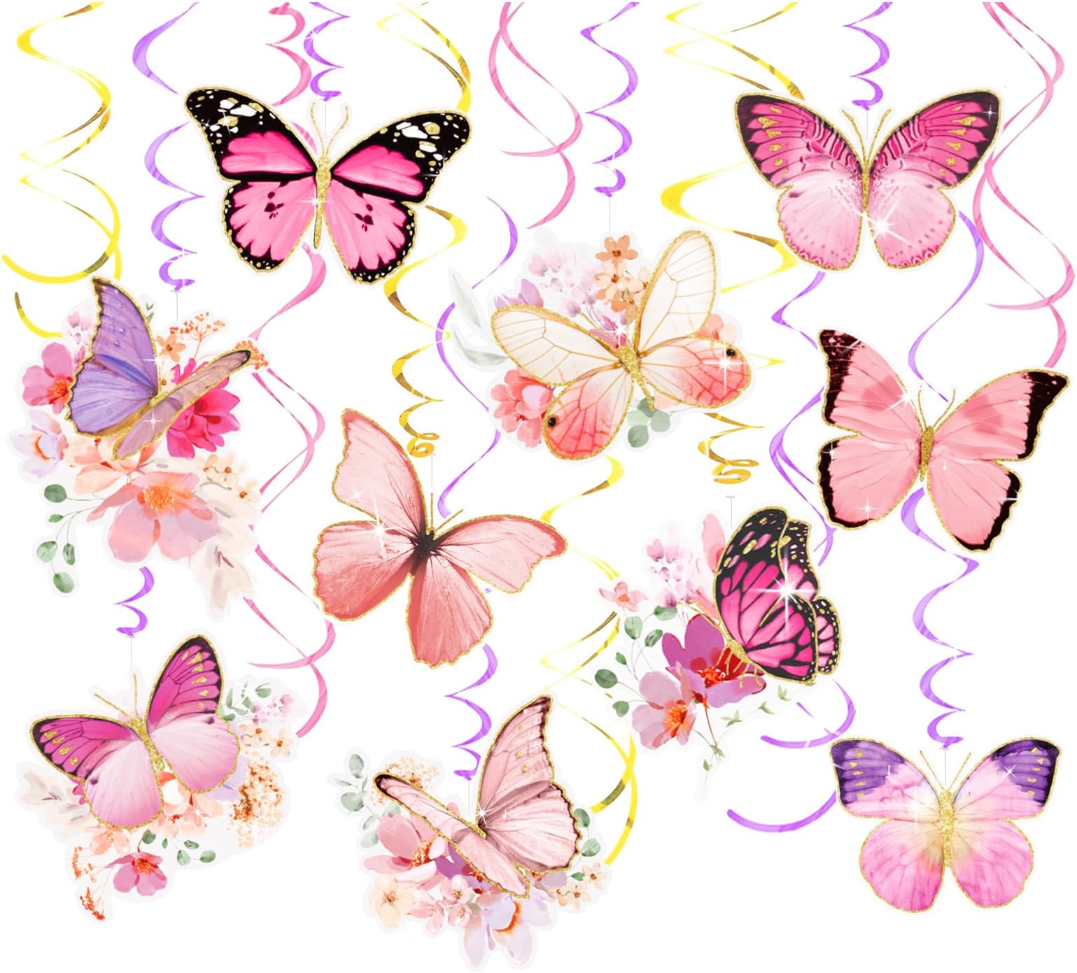 AOBKIAT 30PCS Butterfly Decorations Hanging Swirls with Glitter Paper Flowers,Butterfly Party Streamers,for Ceiling Decor,Baby Shower,Girl Brithday,Wedding,Home Decor