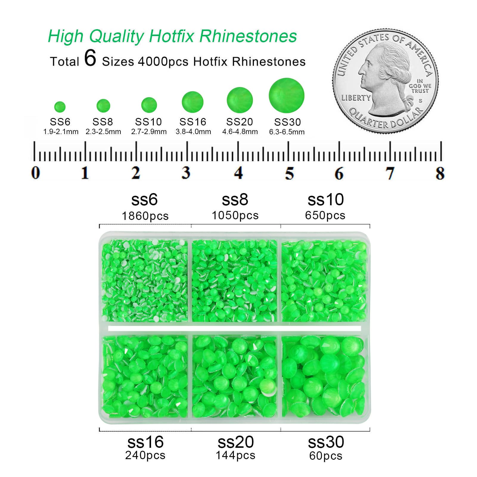 BEADSLAND Hotfix Rhinestones,4000 PCS Green Rhinestones for Clothes Crafts Mixed 6 Sizes with Wax Pencil and Tweezers Kit,SS6-SS30,Neon Green - Image 4