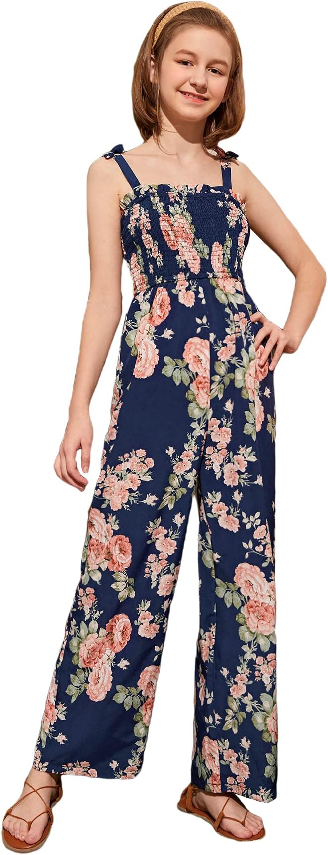 WDIRARA Girl's Leopard Print Spaghetti Strap Wrap V Neck Belted Cami Jumpsuit Multicolor Floral 14Y