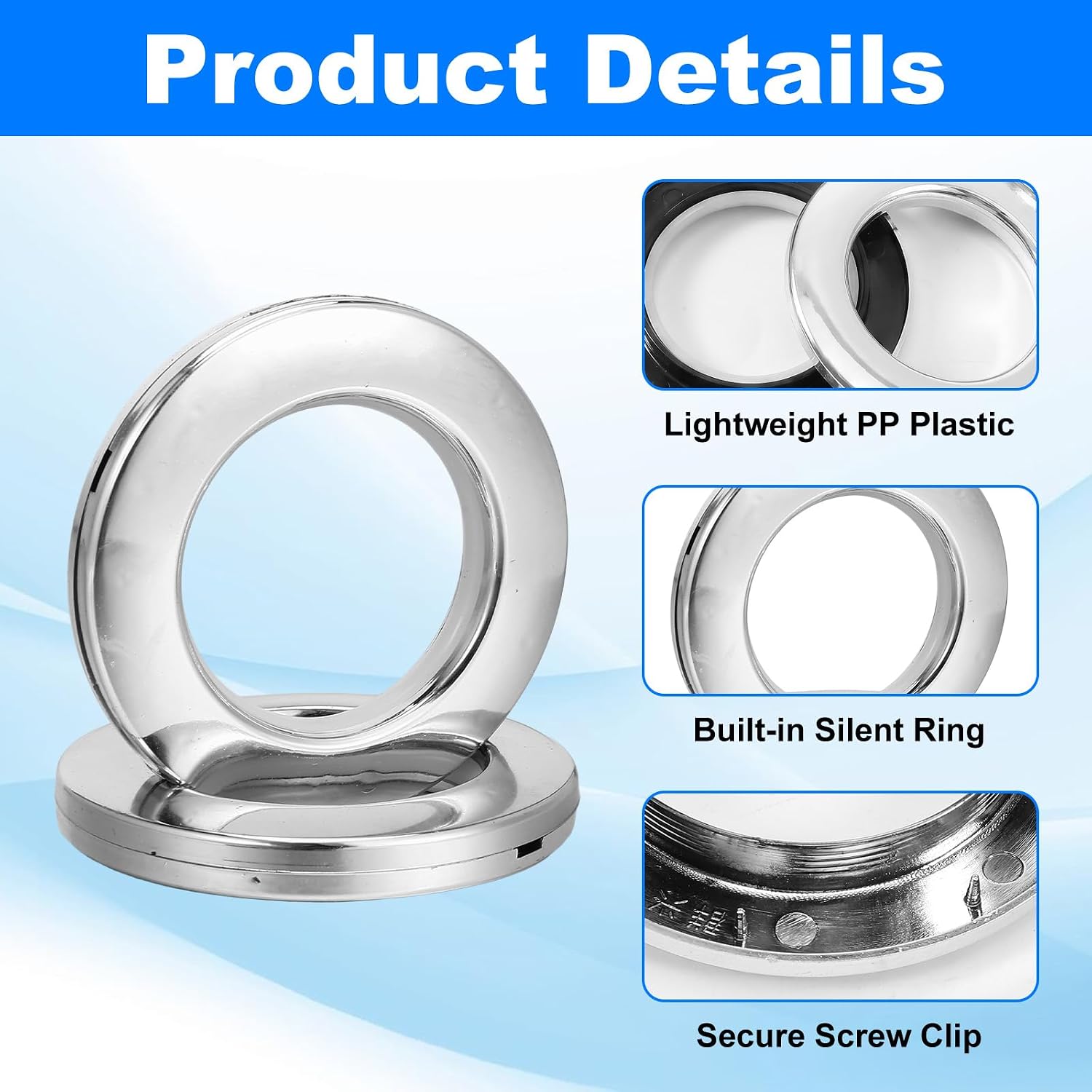 100 Pack Curtain Grommet 1-9/16" Inner Diameter 40mm – PP Plastic Silver Rings for Smooth, Quiet Sliding on Rod, Easy Snap-Installation for Window, Shower, and DIY Drapery