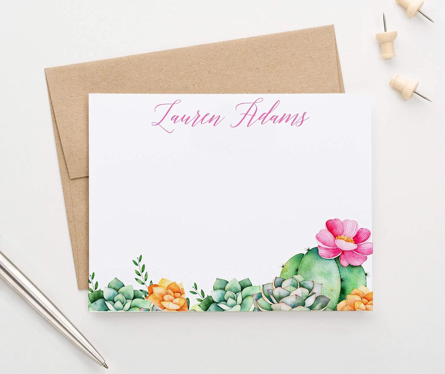Personalized Cactus Stationary Set FLAT NOTE CARDS, Succulent Stationery Set for Women, Succulent Stationary Set, Succulent Note Cards with Envelopes, Cactus Note Cards, Choice of Colors and Quantity