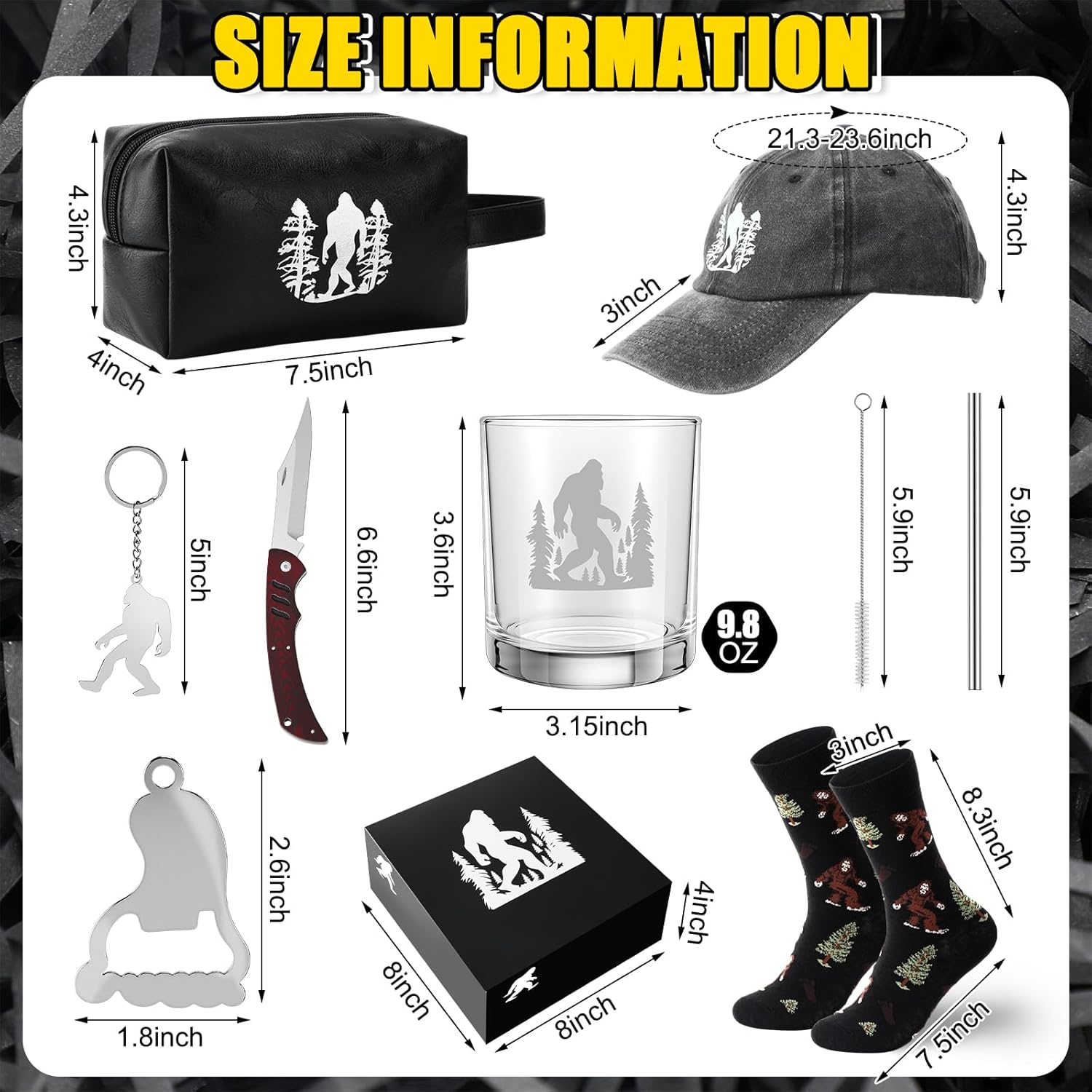 Geiserailie 9 Pcs Big Foot Sasquatch Gifts Sasquatch Lovers Gift Baseball Cap Tumbler Glass Keychain Socks Bottle Opener Folding Knife Raffia Toiletry Bag Box Set for Men Women Bigfoot Lover (Whiskey)