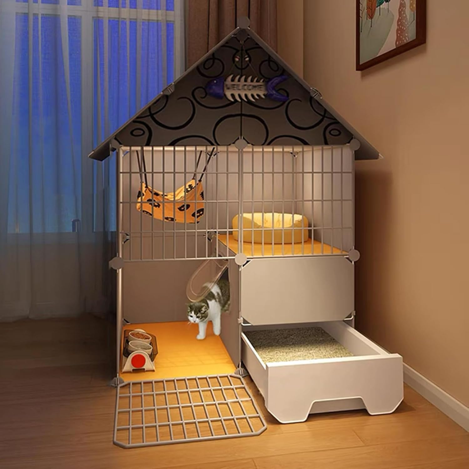 2 Tier Cat Enclosures, Cat Cage Indoor, Cat Playpen, with Litter Box, Iron Mesh, Resin, Cat Playpen Detachable, Cat House, for Kitten Small Animals(Gray,29.5x29.5x42.9in)