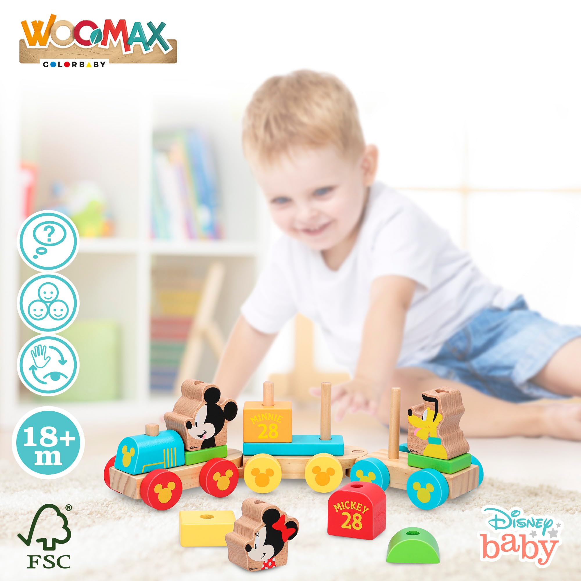 WOOMAX Disney Mickey Mouse, Juguete Tren Madera, Formas Encajables, Juguetes Niños 2 Años, Bebe 18 Meses, Educativos, Preescolar, Infantil, 48702