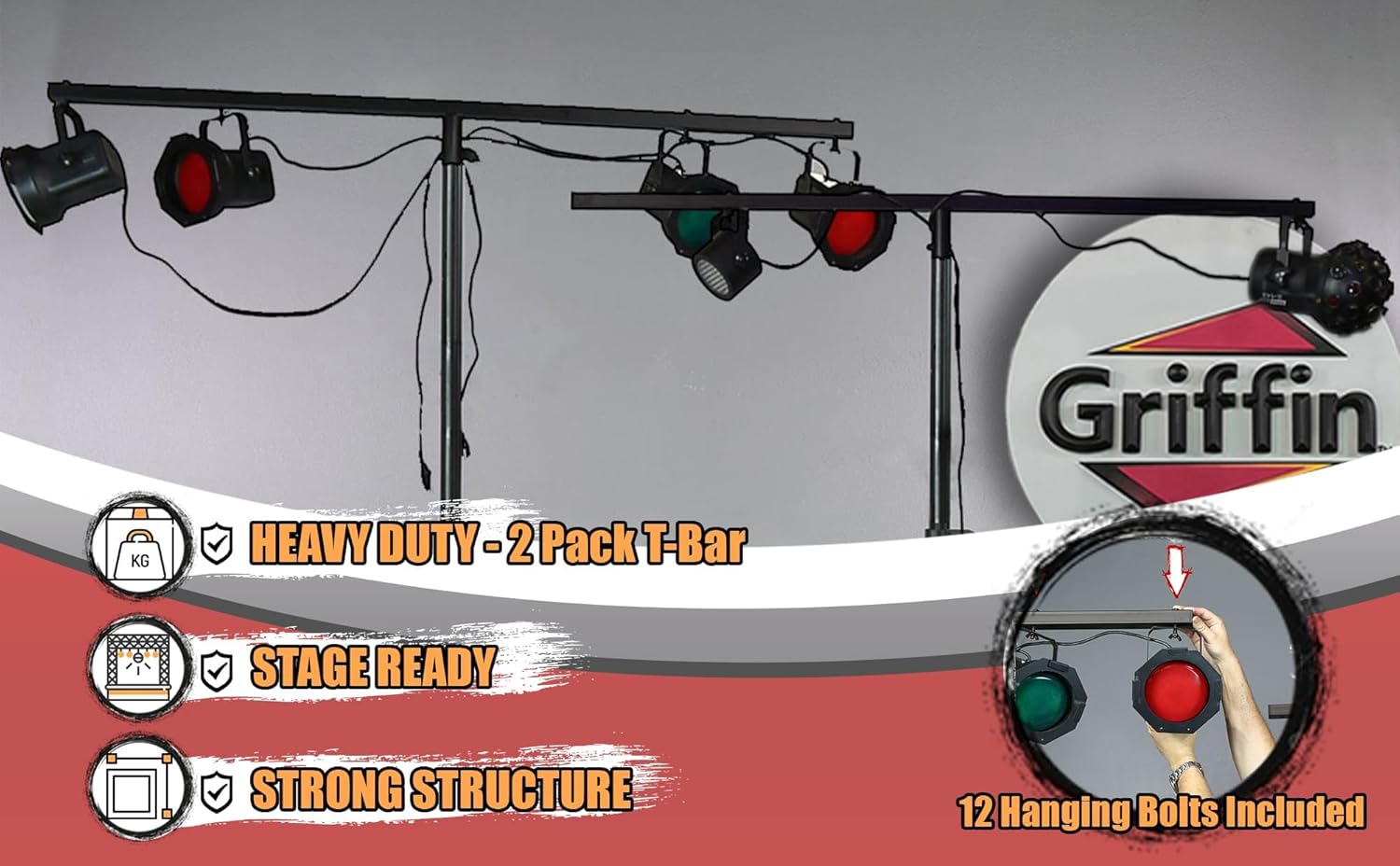 GRIFFIN 5ft T-Bar Support for DJ Light Tripod Stands (Stage-MountX Series) 2-Pack – Cross Bar Mount for Lighting Truss System with 12 Hanging Bolts – Horizontal Trussing Kit for Music Equipment