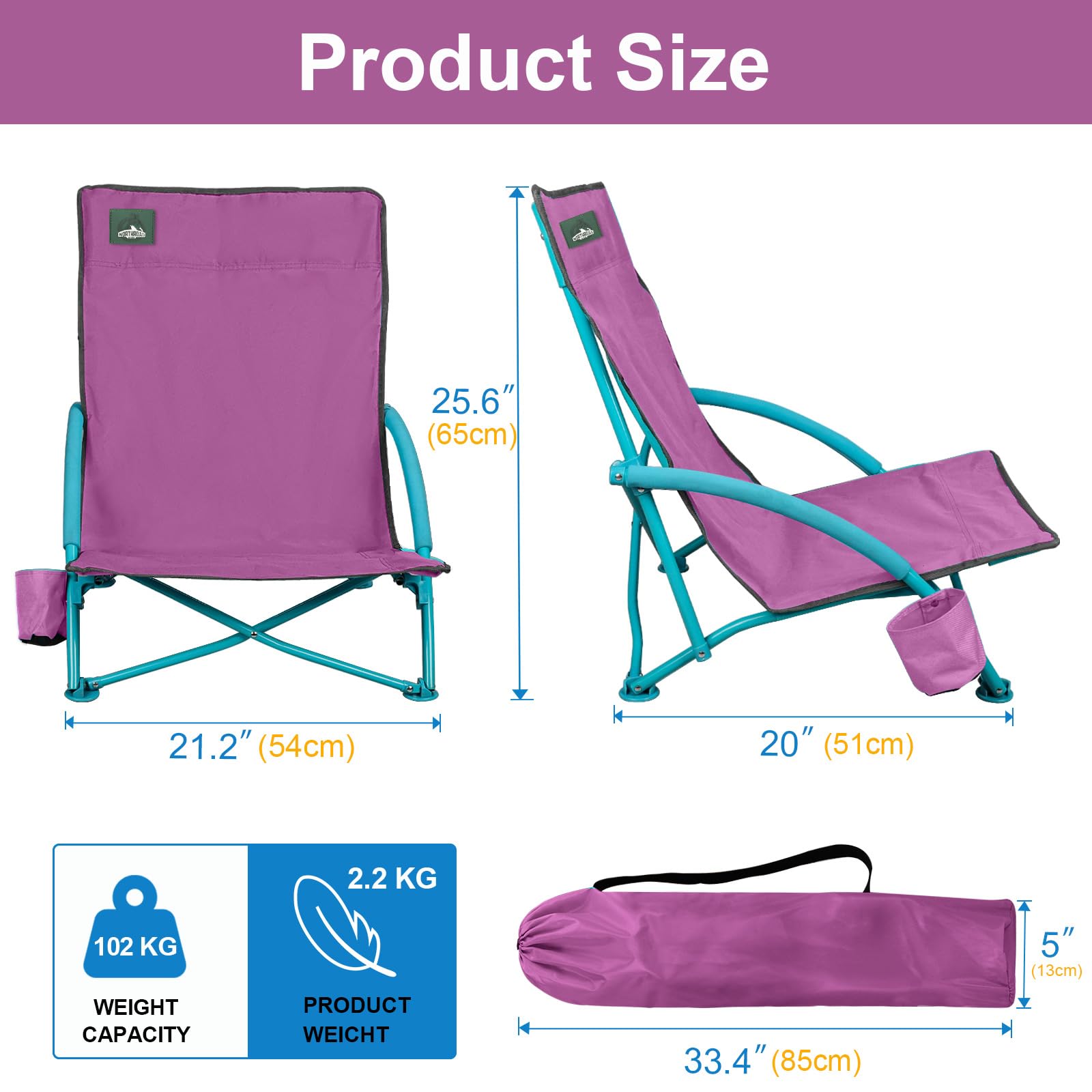 NORTHROAD Lot de 2 chaises de plage pliantes basses, portables et légères avec porte-gobelet et sac de transport pour camping, pelouse, pique-nique, festival, violet