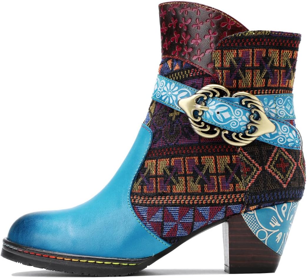 Women's Splicing Boots Ankle Boots for Women Winter Boots Vintage Bohemian Boots Retro Flower Leather Outdoor Anti-Slip Side Zipper Walking Casual Shoes Blue