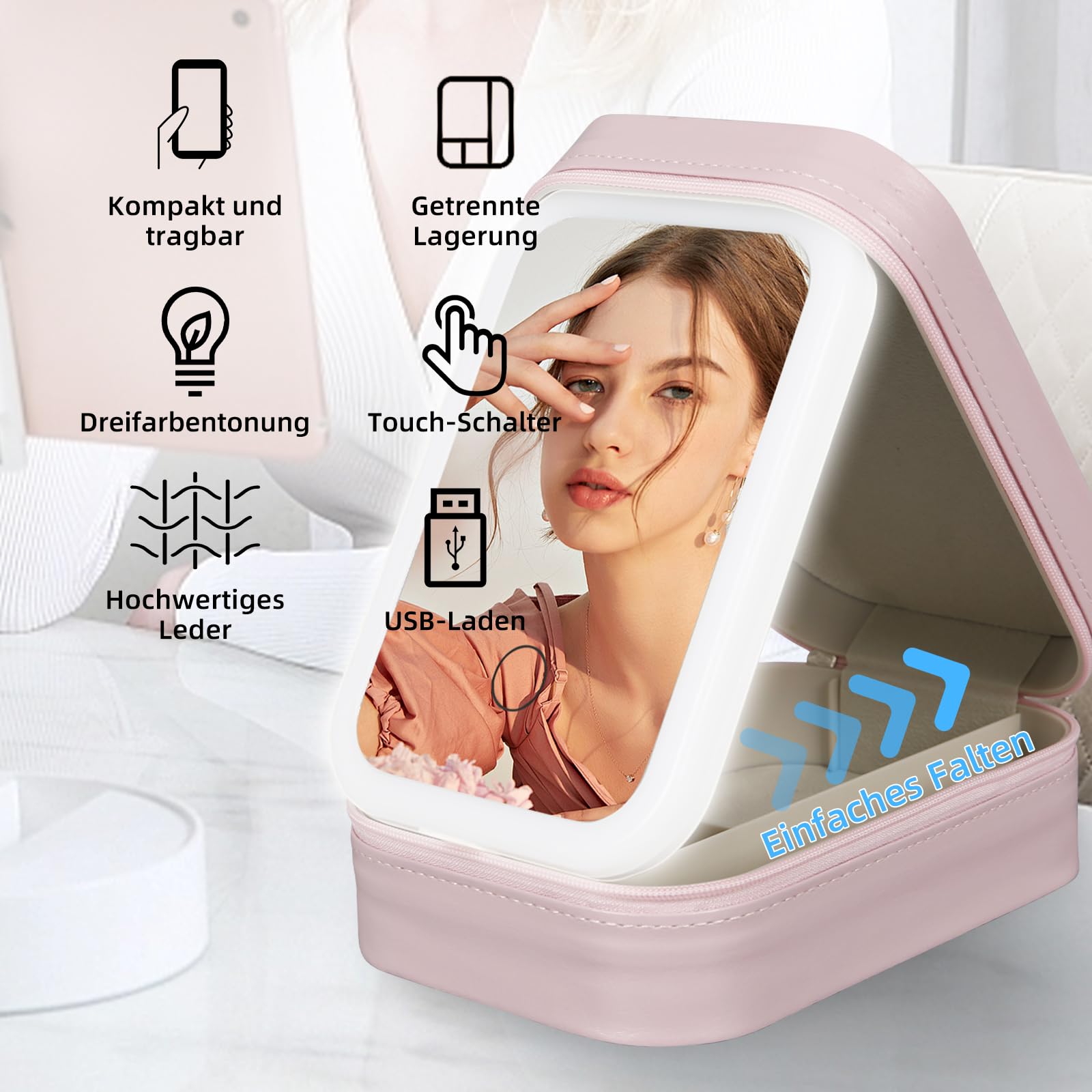 Kosmetyczka z podświetlanym lustrem, torba do makijażu z lustrem - 3 kolory światła LED, podróżna walizka kosmetyczna organizer, przenośna walizka do makijażu z przegródkami, Rosa