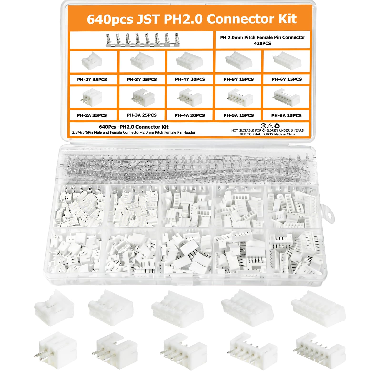 640PCS JST PH 2.0mm Connector Kit PH2.0mm Adapter Cable Terminal Connectors Set with 2.0 mm Pitch 2 3 4 5 6Pin Female Housing and Male Plug JST