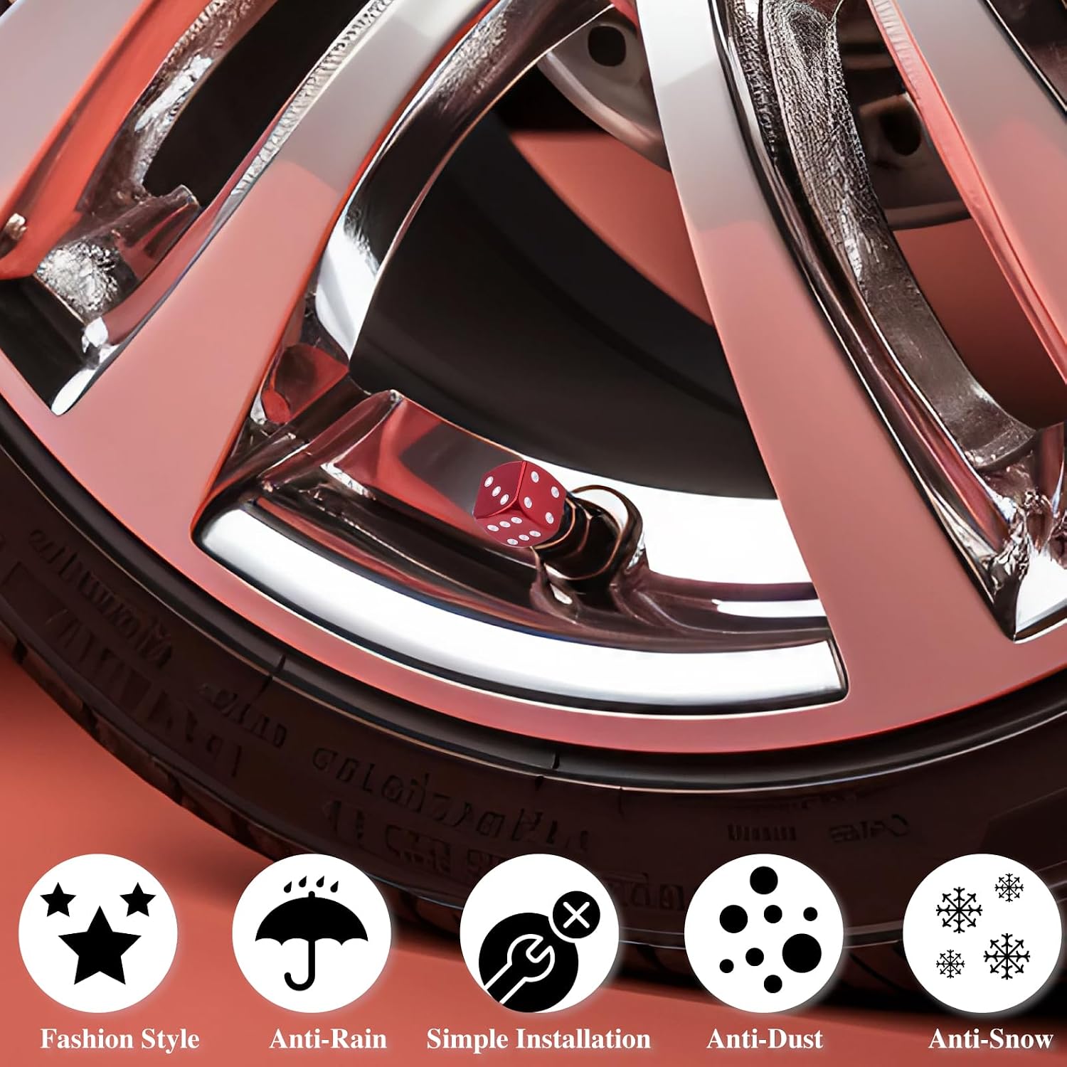 4PCS Dice Style Tire Valve Stem Caps, with O Rubber Ring, Universal Aluminium Alloy Dustproof Tire Valve Stem Covers for Cars, SUV, Trucks, Bikes, Motorcycles, Bicycles(Red)