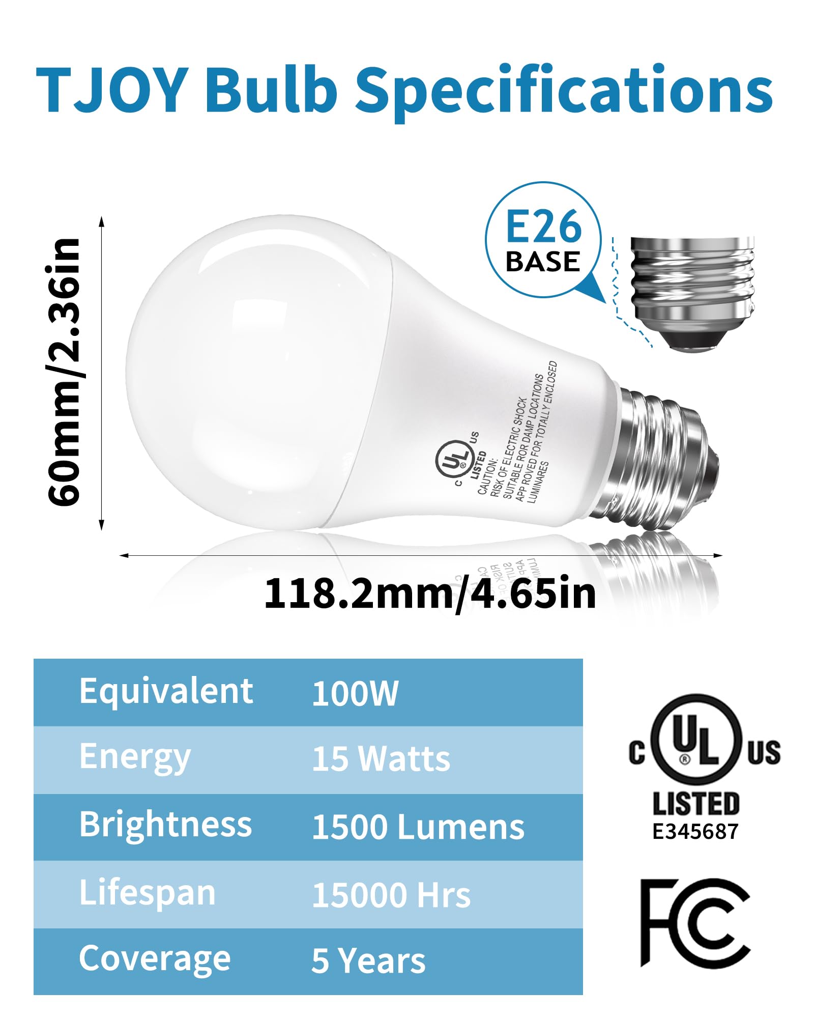 TJOY 12 Pack LED Light Bulbs 100 Watt Equivalent A19 5000K Daylight LED Bulb 15W Bright White Energy — view 2