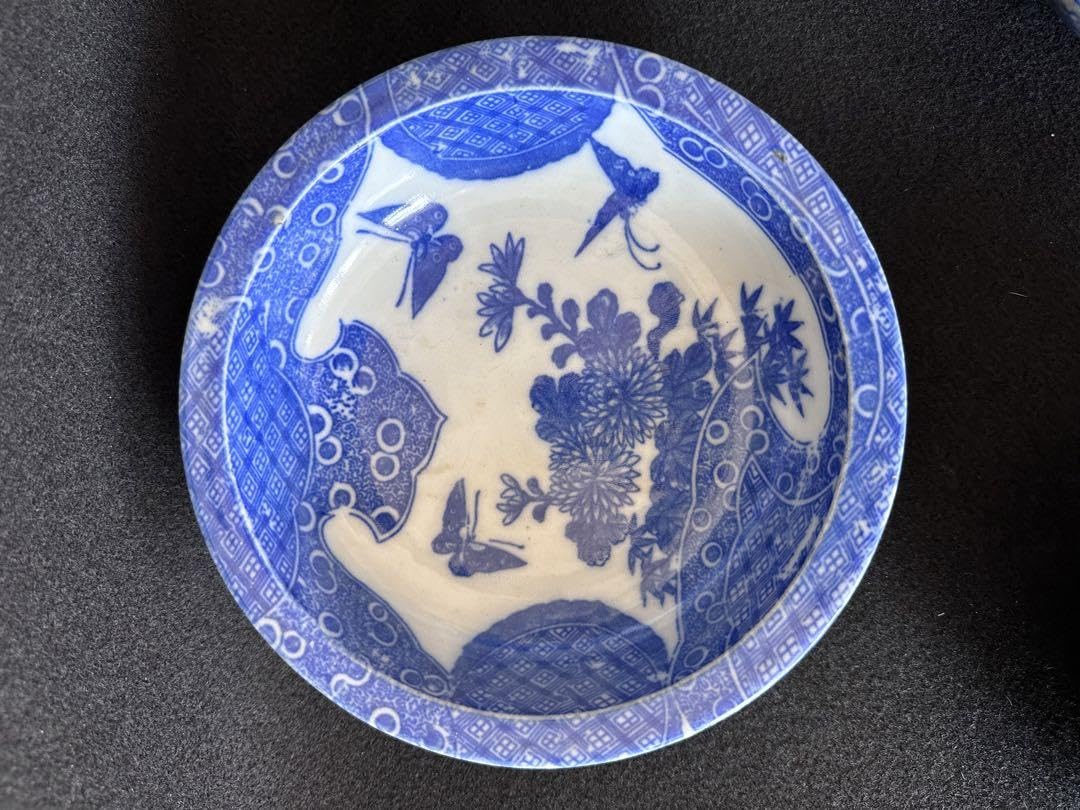 骨董品 明治印判 ベロ藍 直径22cm鉢 古道具 レトロ コレクション 古伊万里 ベロ藍で素敵◇伊万里 花文印判膾皿 骨董・antiques 丁寧な