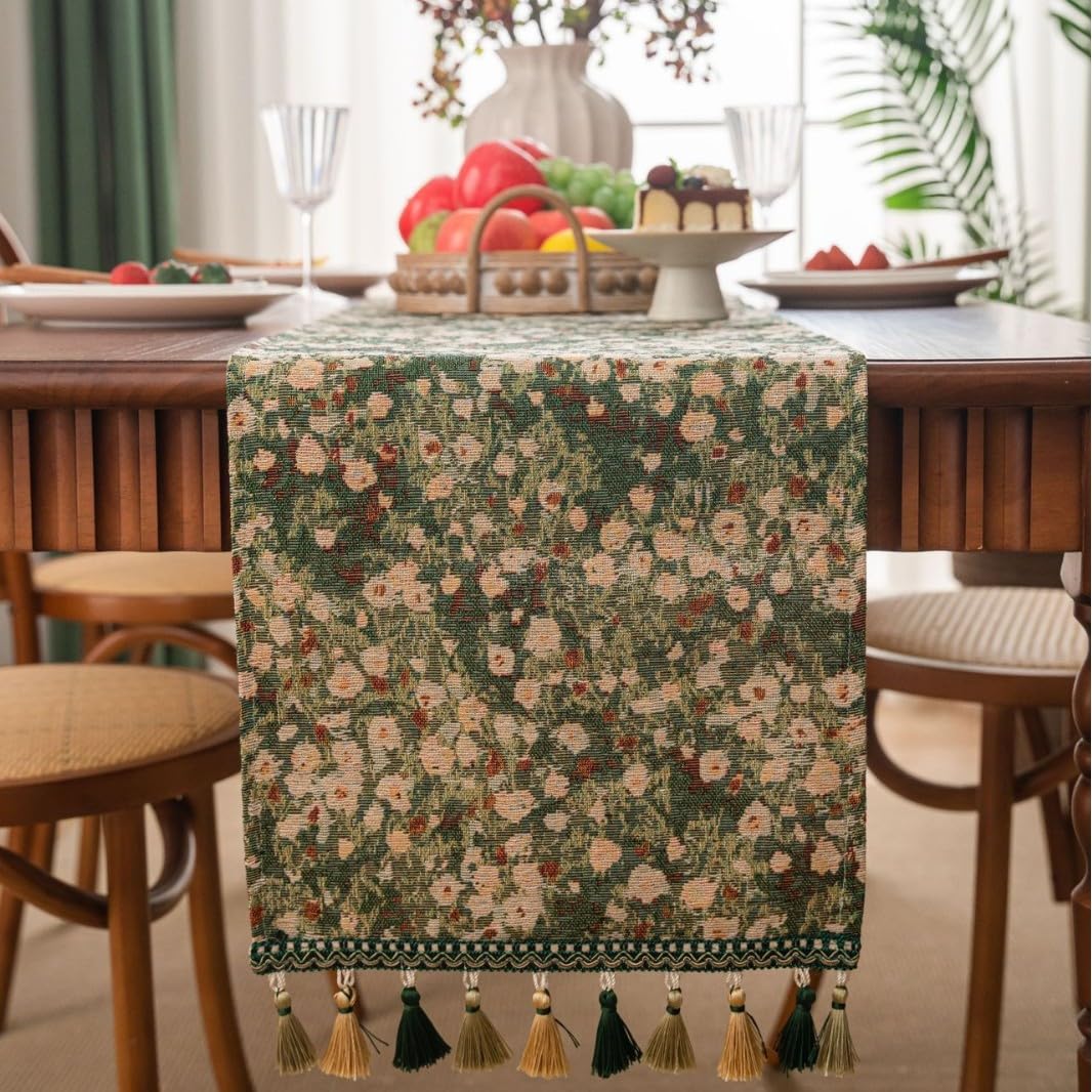 Table Runner Embroidered Damask Table Runner Non Slip Lining For Furniture with Tassel for Home Christmas Party Restaurants(A,33-180)