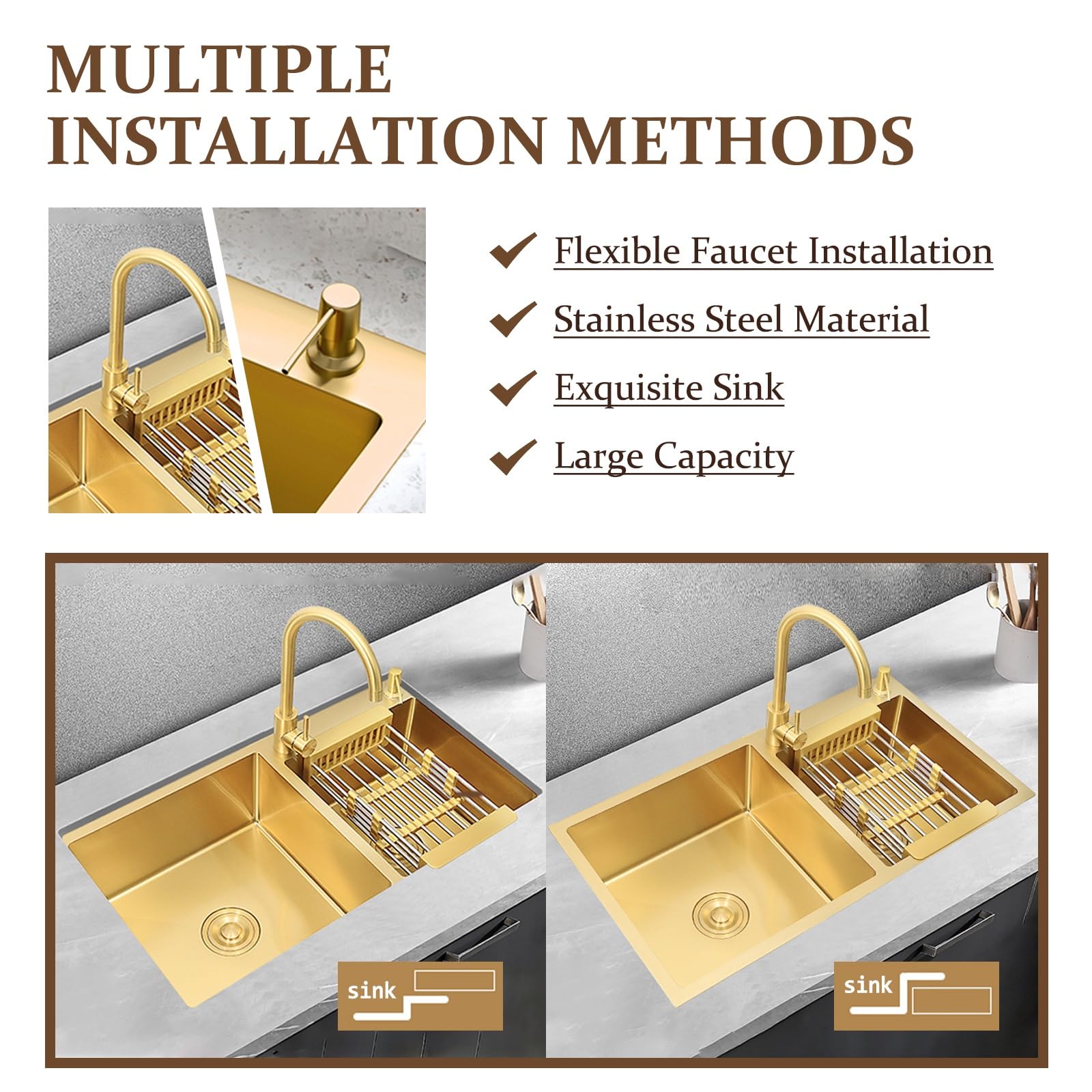 Fregadero de cocina de acero inoxidable cepillado dorado con doble tazón, moderno lavabo de gran capacidad con cesta de drenaje y sistema de drenaje, instalación superior/empotrado/bajo montaje