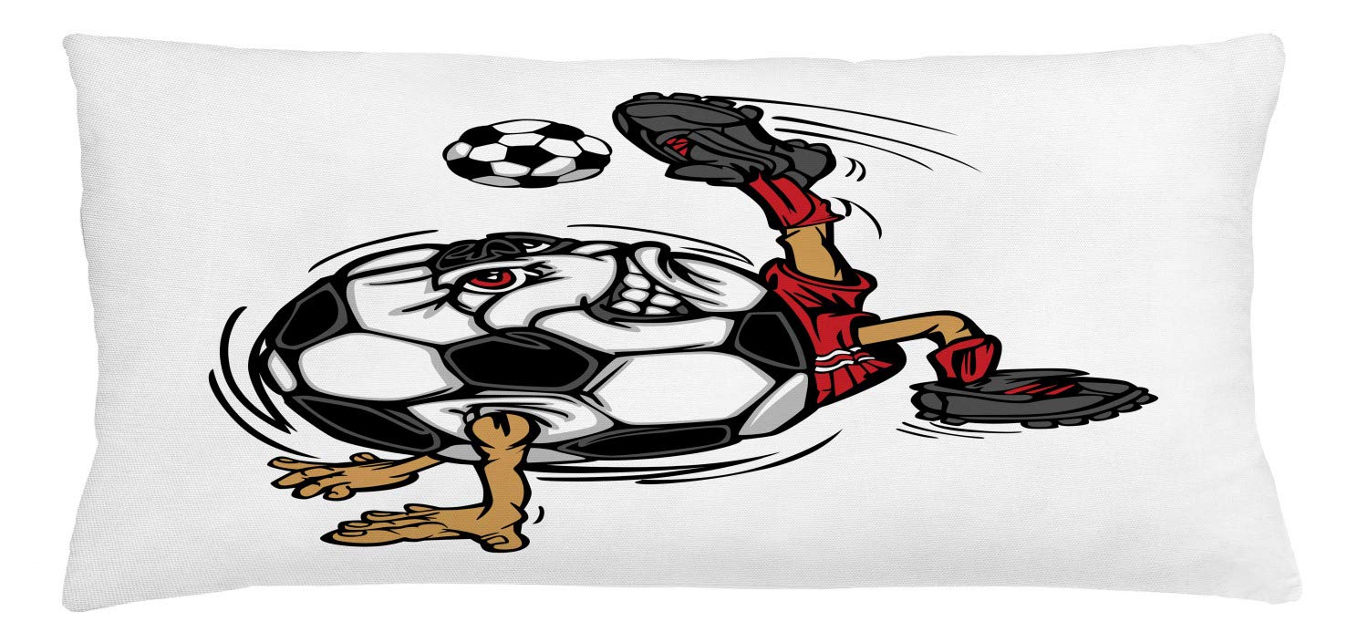 Lunarable Sports Throw Pillow Cushion Cover, Soccer Football Player Cartoon Mascot Character Kicking Playing Exercising Theme, Decorative Rectangle Accent Pillow Case, 36