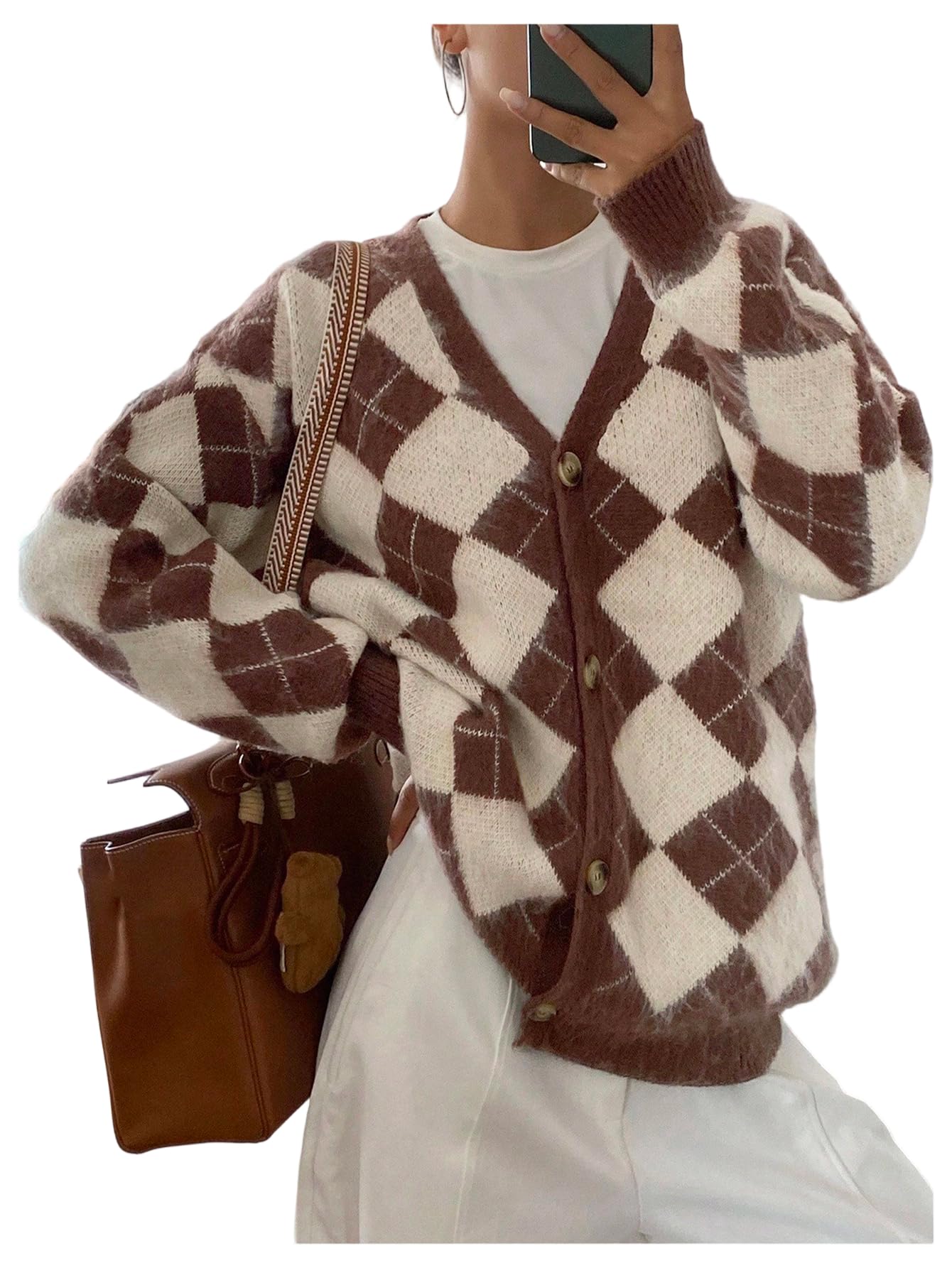 MakeMeChic Womens Oversized Checkered Sweaters Button Down Long Sleeve Argyle Knitted Outerwear