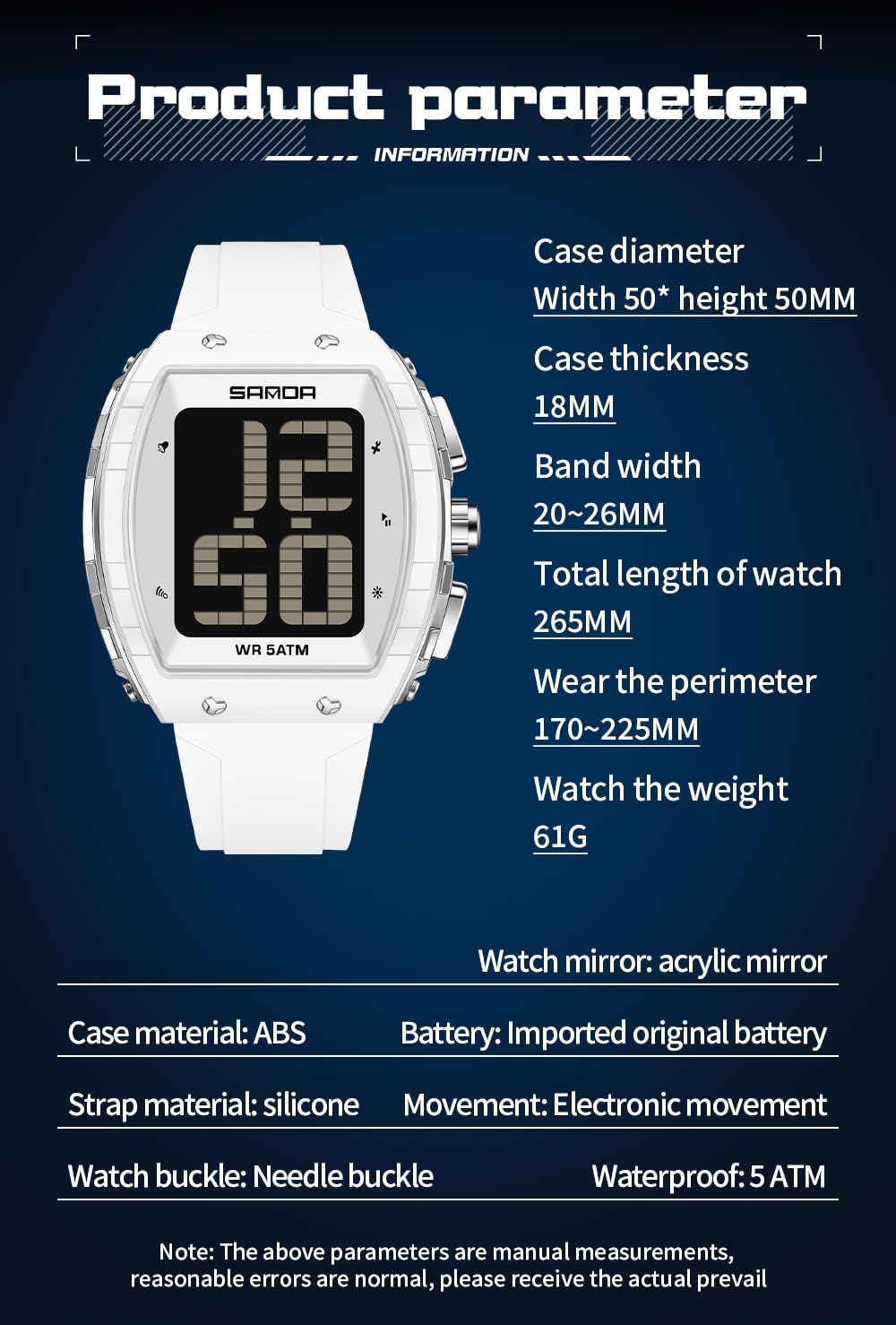 Gosasa Reloj digital parlante para hombre, esfera grande, LED, 5 ATM, impermeable, a prueba de golpes, reloj de pulsera deportivo con tiempo de voz, alarma, temporizador, retroiluminación, pantalla