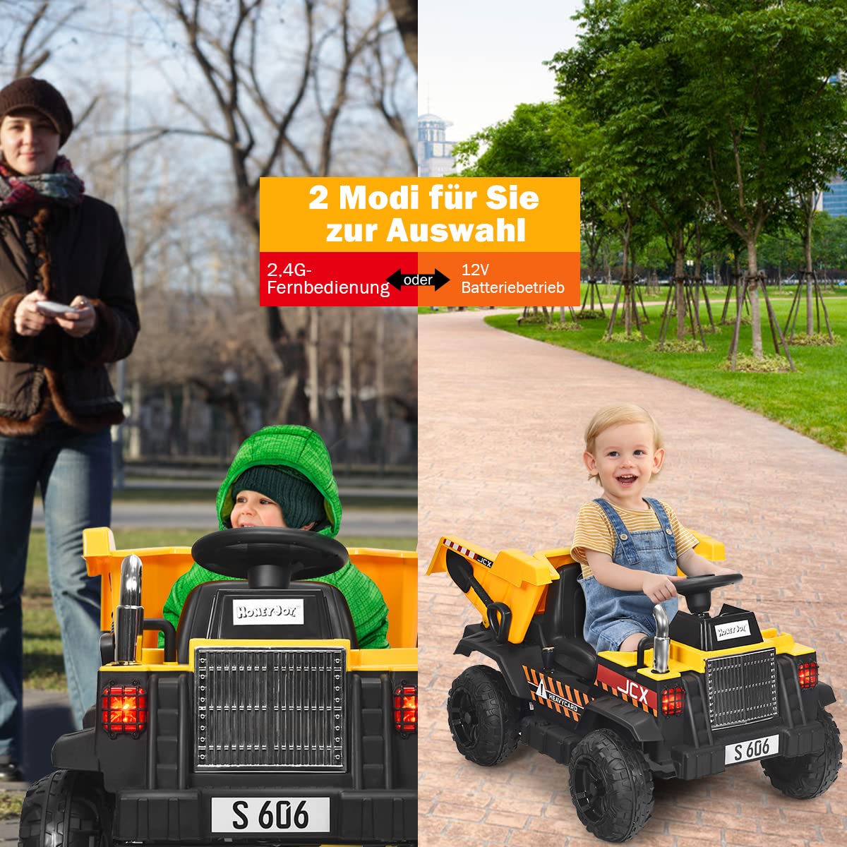 COSTWAY 12V Kinder Traktor mit elektrischen Heckschaufel, 3-Gang Aufsitztraktor mit 2,4G-Fernbedienung, Lichtern, Musik und Radio, Elektrotraktor 3-5 km/h für Kinder von 3-8 Jahren