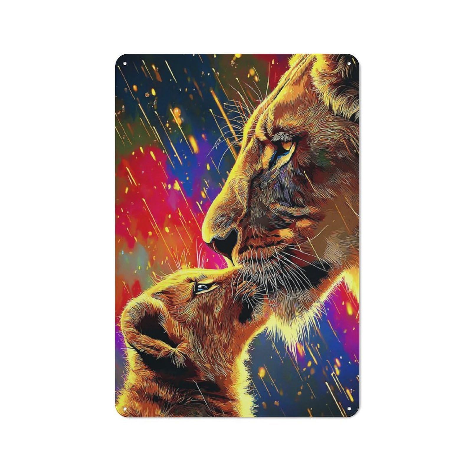 Metal Wall Sign with Lioness And Cub in Artistic Fire Design 30x20cm, Loft Style Studio Wall Art for Flat, Bar, Studio Or Gallery Wall