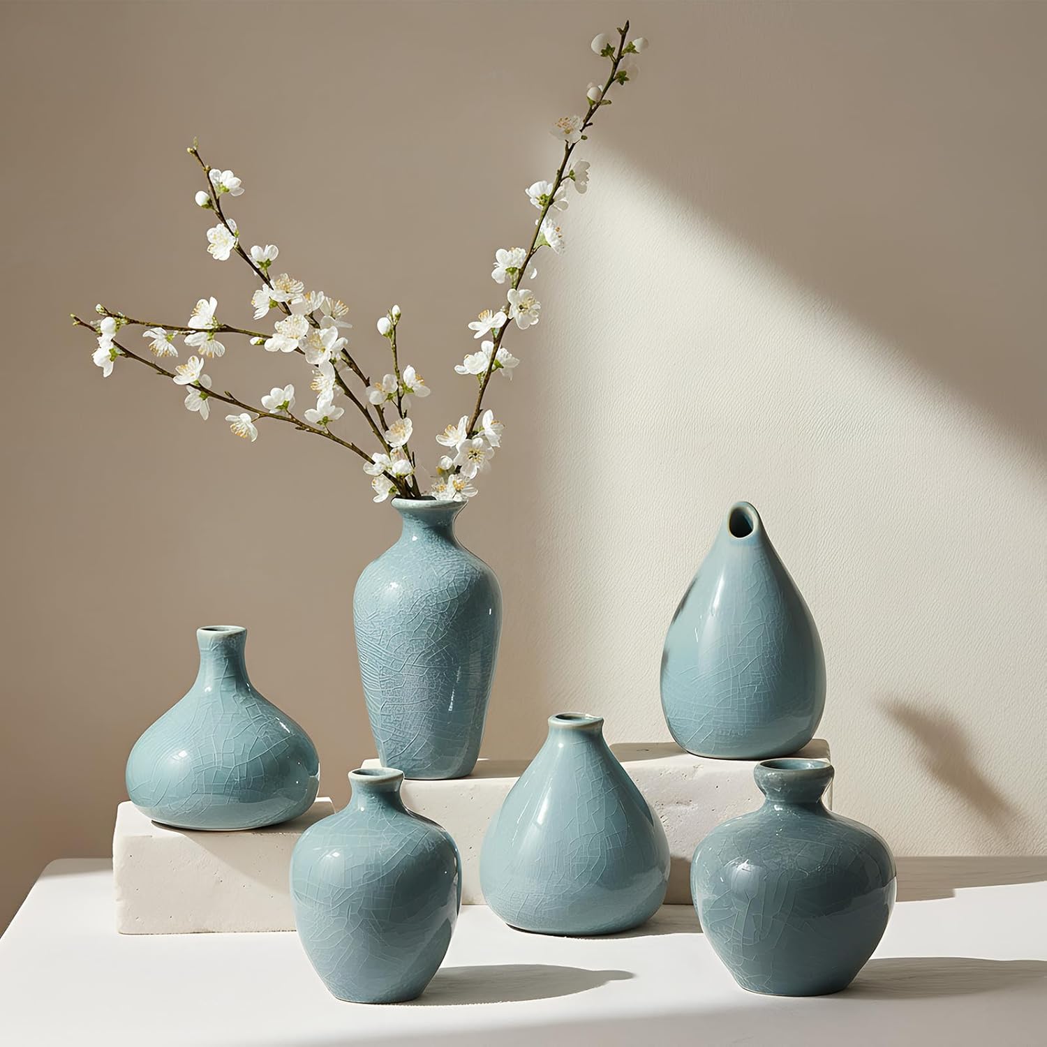 6 Pcs Green Mini Ceramic Bud Vase Vintage Flower Vases Ice Cracked for Farmhouse Rustic Boho Style Table Shelves Home Office Decor Gifts(Classical,Green) - Image 5