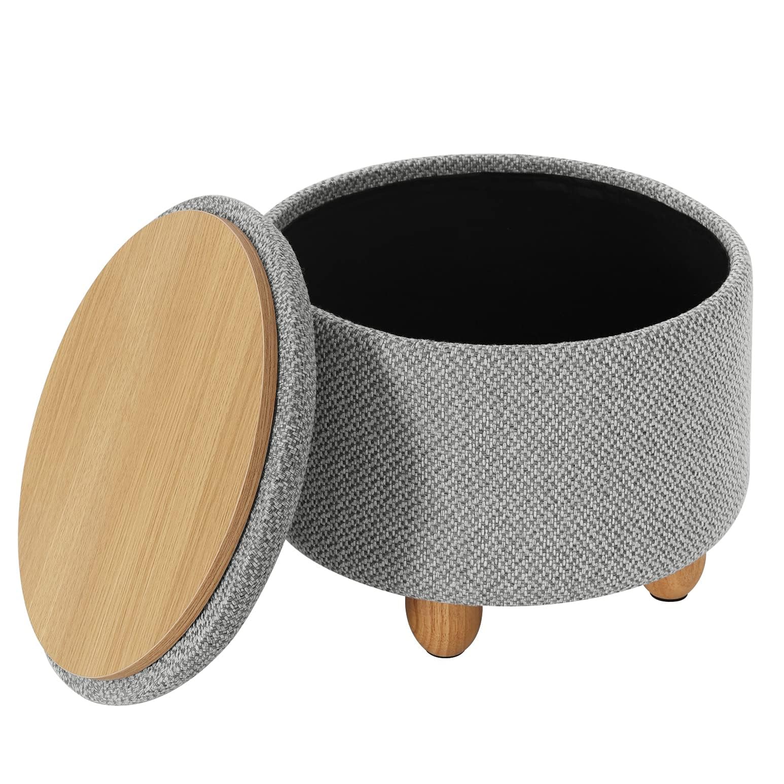 Round Stool with Storage Space, Footstool with Lid, Padded Stool, Solid Wood Legs, Linen Cover, Diameter 39x33cm, Light Grey