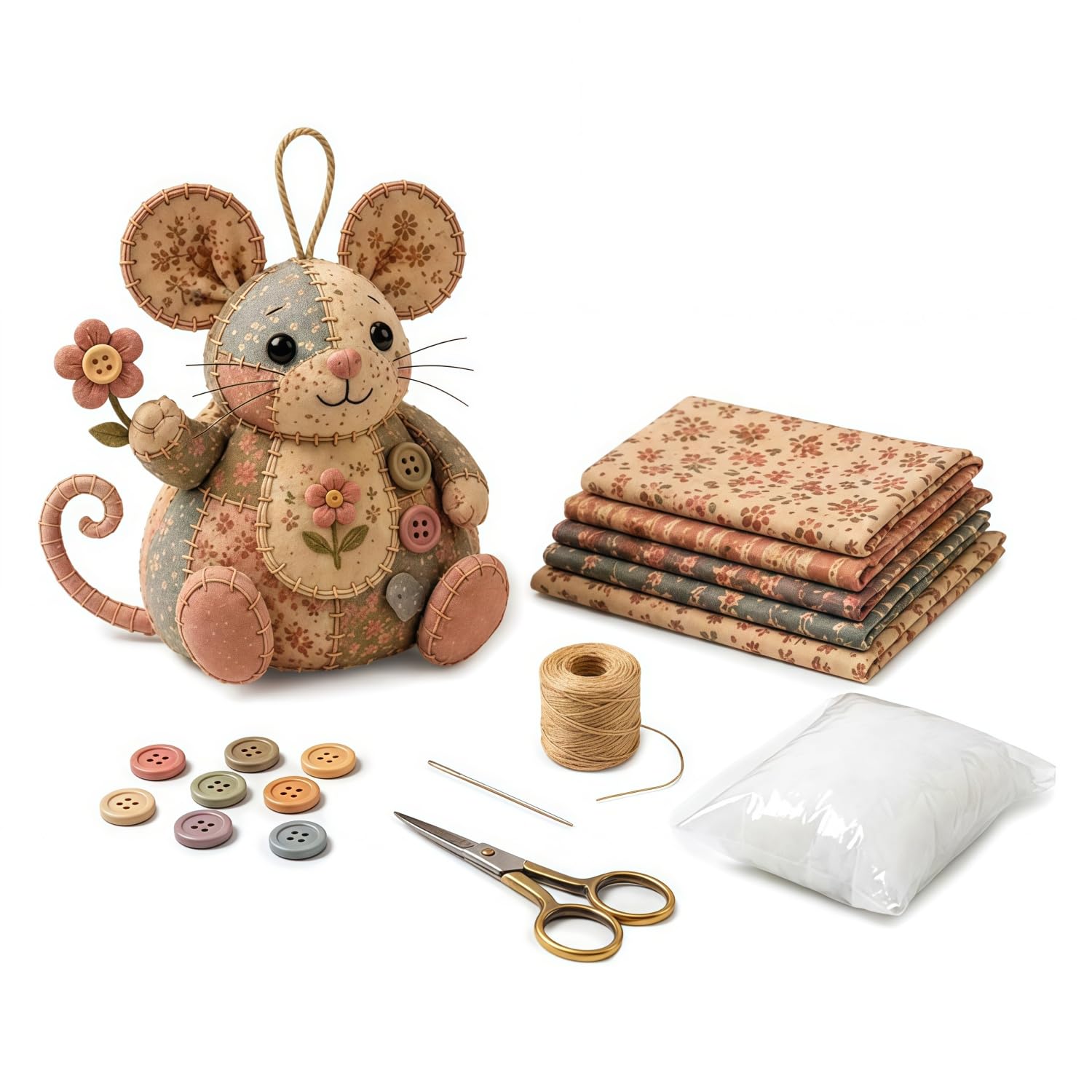 APOMNG Patchwork Mouse DIY Craft Kit Pre-Cut Floral Fabric Stuffed Animal Sewing Project for Beginners Adults and Gift Idea,M