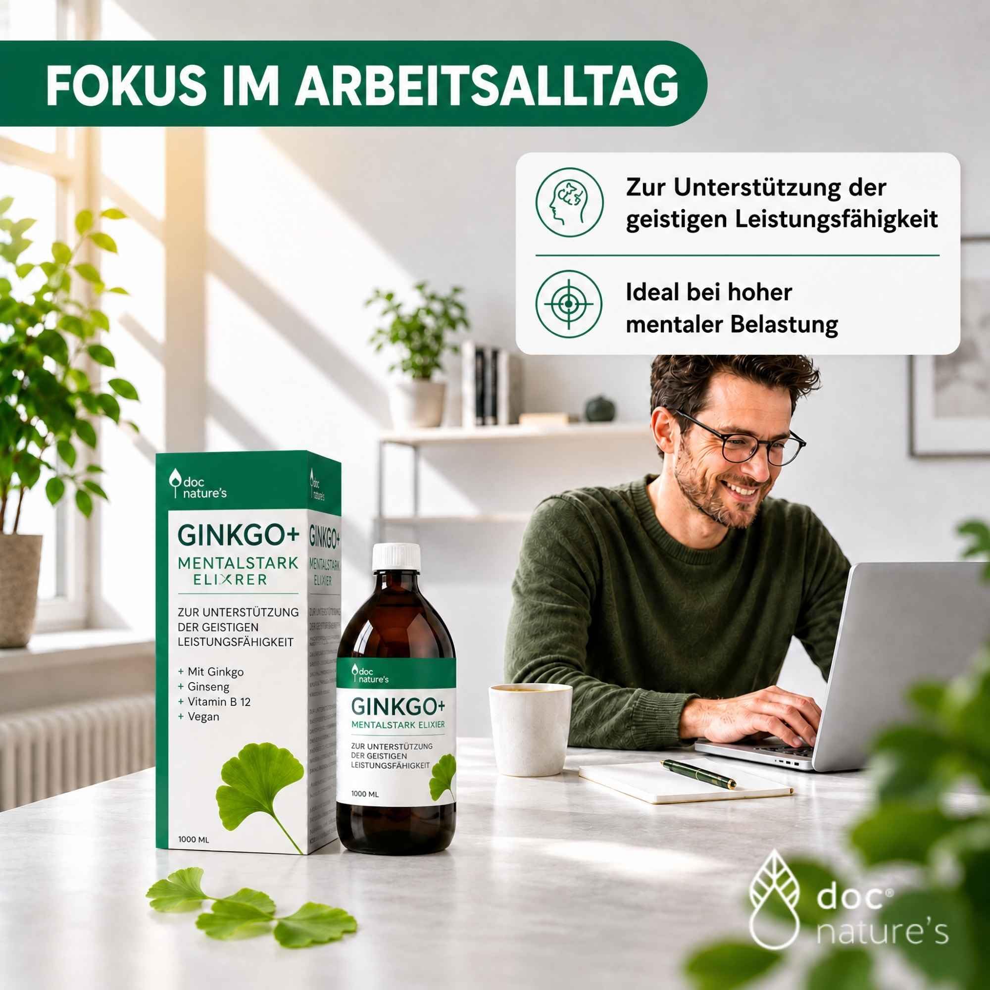 doc nature’s GINKGO+ Mentalstark Elixier, 1000 ml Vitamin B Komplex, unterstützt geistige Leistungsfähigkeit, mit Ginkgo Biloba & Ginseng-Extrakt, Vitamin B12, Pantothensäure & Eisen