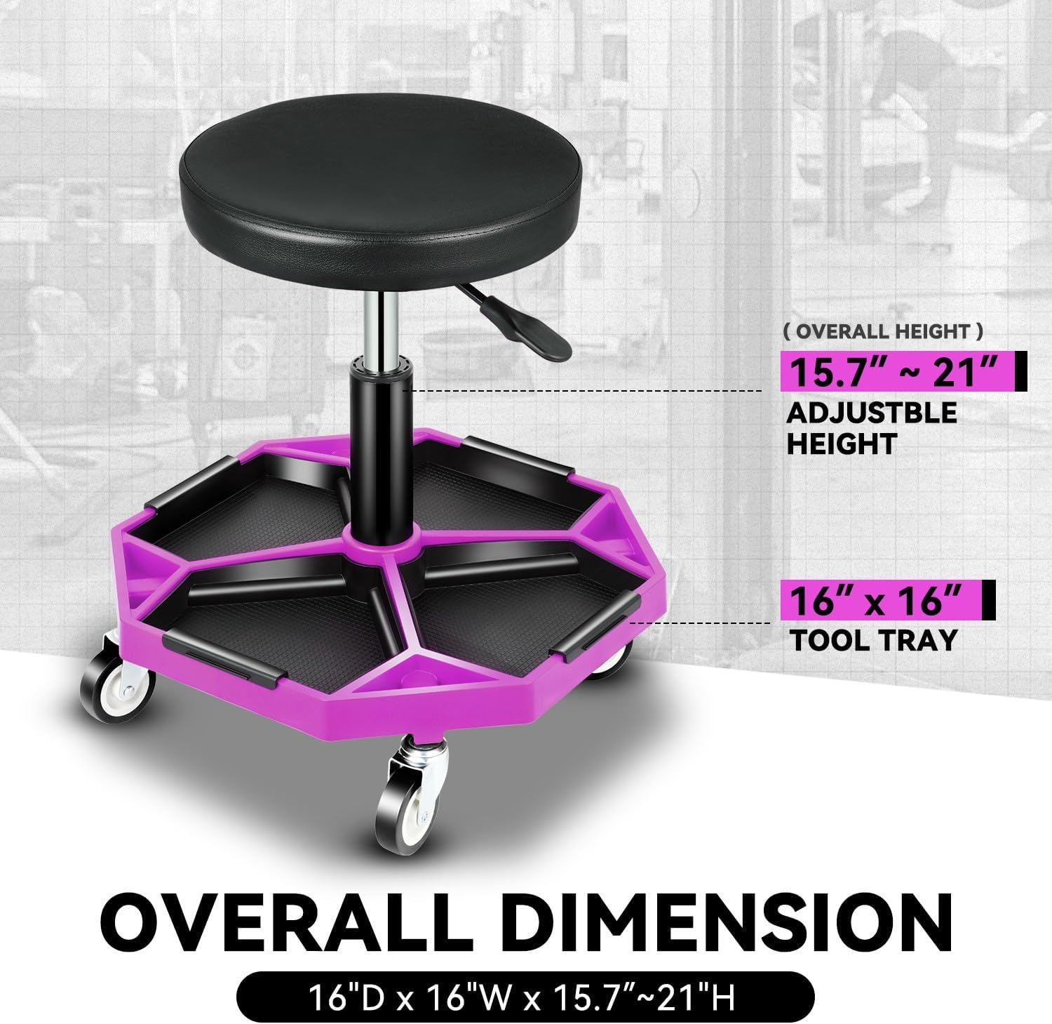 Auto Dynasty Mechanic Stool, Adjustable Rolling Pneumatic Creeper Garage Shop Seat with Tool Tray, 300 LBS Roller Seat for Workshop Auto Repair, Adjustable Height 15.7" to 21", Purple